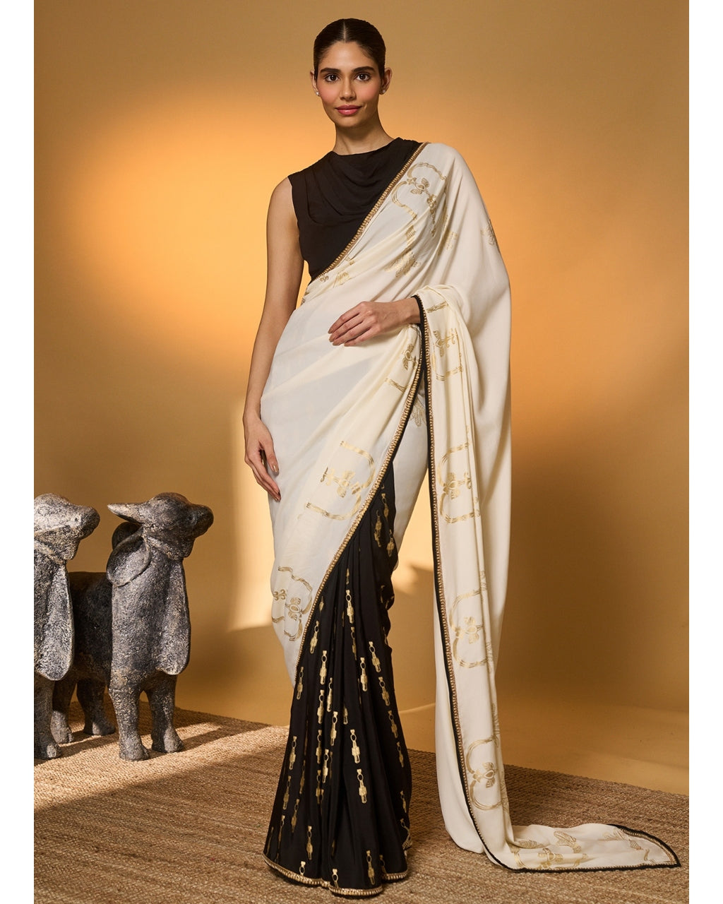 Black & White Tribal Pillar Sari By KYNAH, Luxury Indian Fashion & Bridal Wear