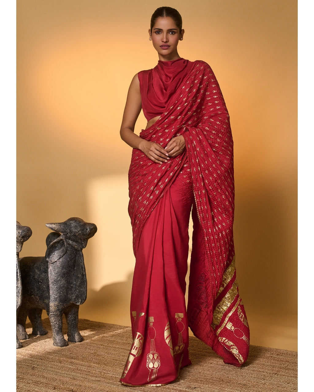 Red Tribal Mask Sari By KYNAH, Luxury Indian Fashion & Bridal Wear