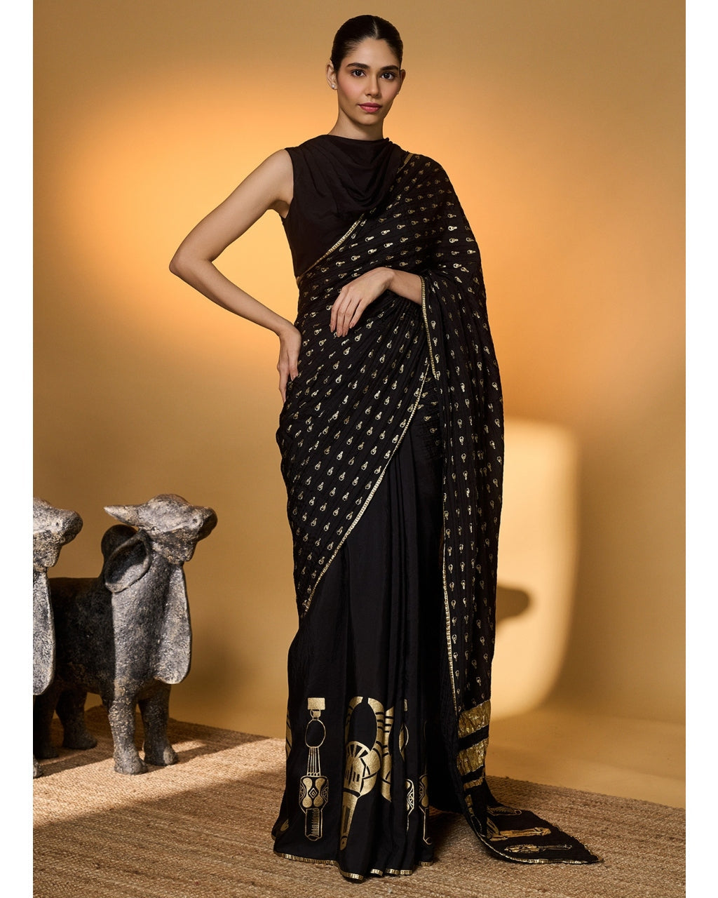 Black Tribal Mask Sari By KYNAH, Luxury Indian Fashion & Bridal Wear