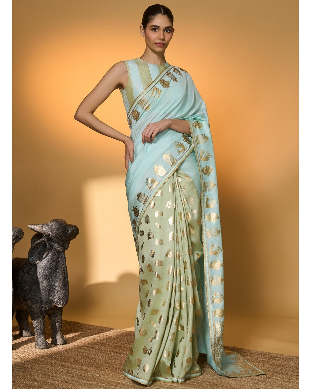 Mint And Blue All Charms Sari By KYNAH, Luxury Indian Fashion & Bridal Wear