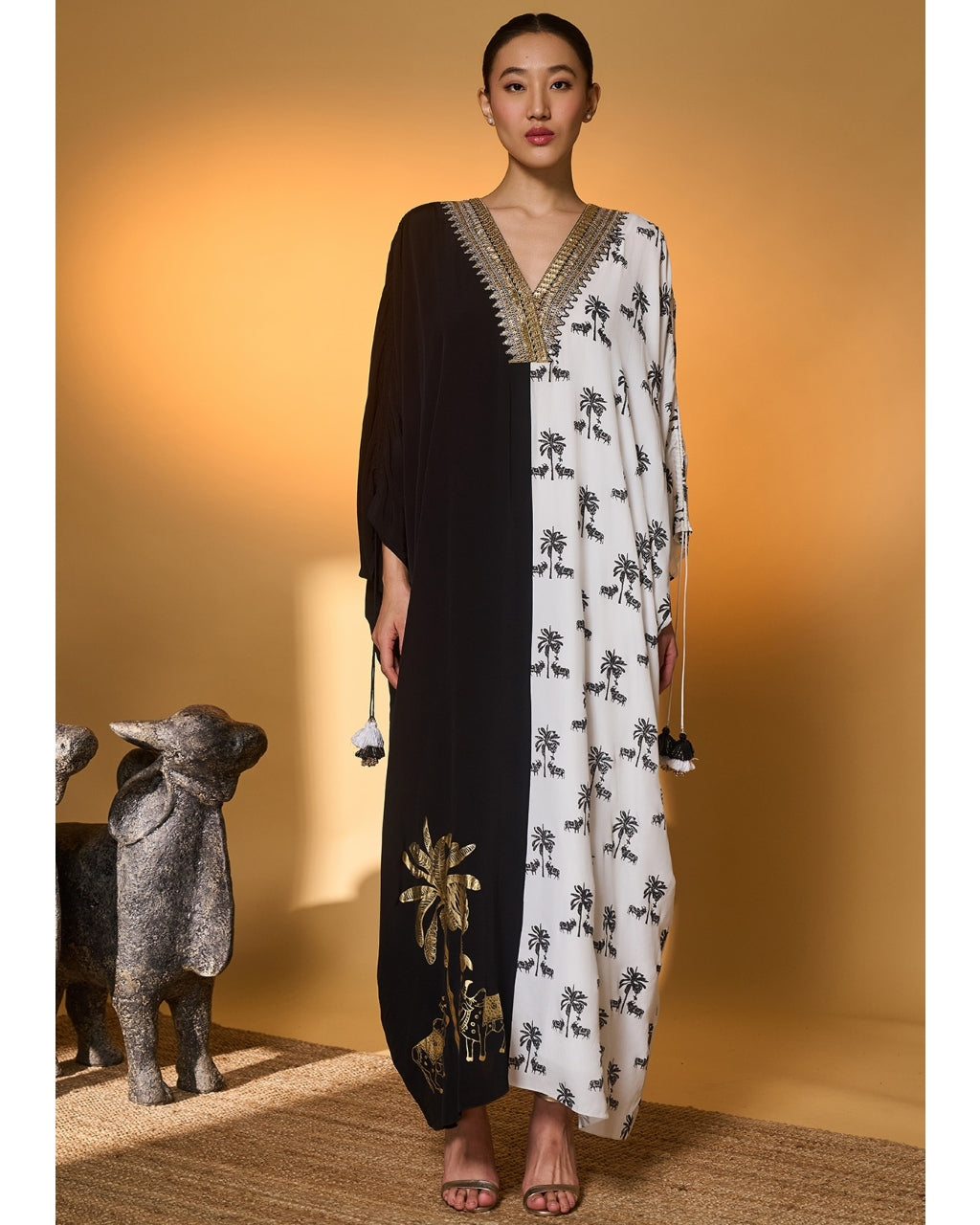 Black & White Tropical Nandi Kaftan By KYNAH, Luxury Indian Fashion & Bridal Wear