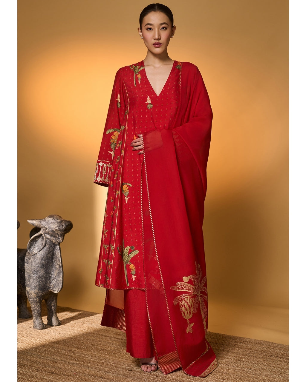 Red Tropical Anarkali Set By KYNAH, Luxury Indian Fashion & Bridal Wear