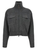 Brunello Cucinelli Wool with Shiny Zipper Cardigan — Charcoal