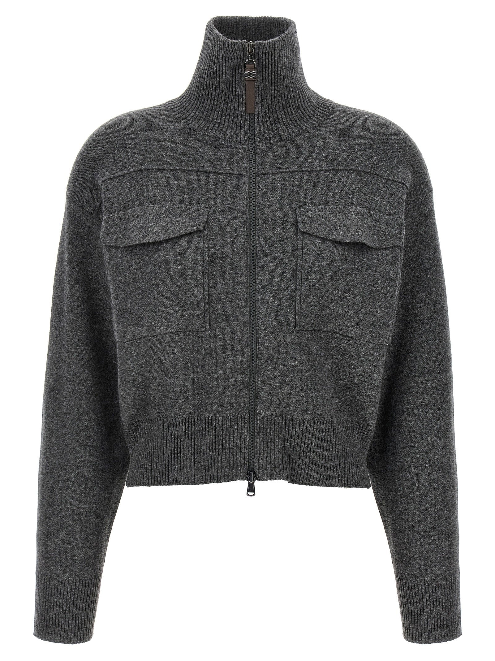 Brunello Cucinelli Wool with Shiny Zipper Cardigan — Charcoal