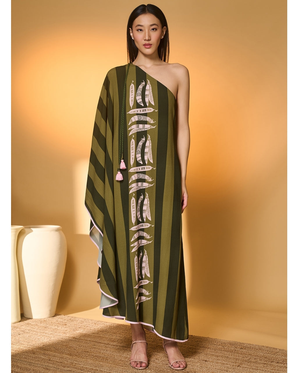 Green Totem Pod One Shoulder Kaftan By KYNAH, Luxury Indian Fashion & Bridal Wear