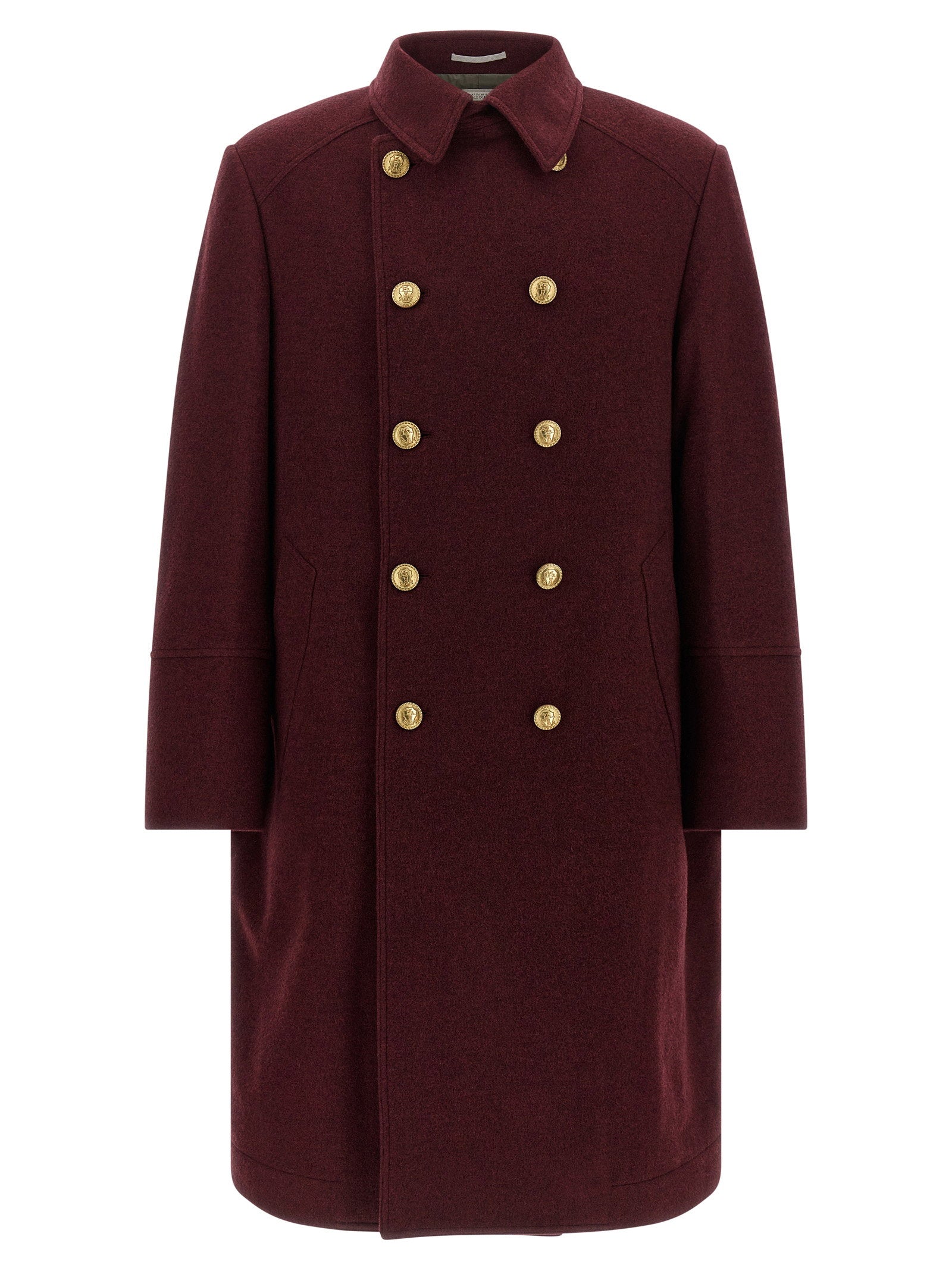 Brunello Cucinelli Double-Breasted Cashmere Coat — burgundy