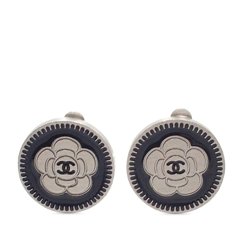 CC Silver Plated Enamel Camellia Clip On Earrings