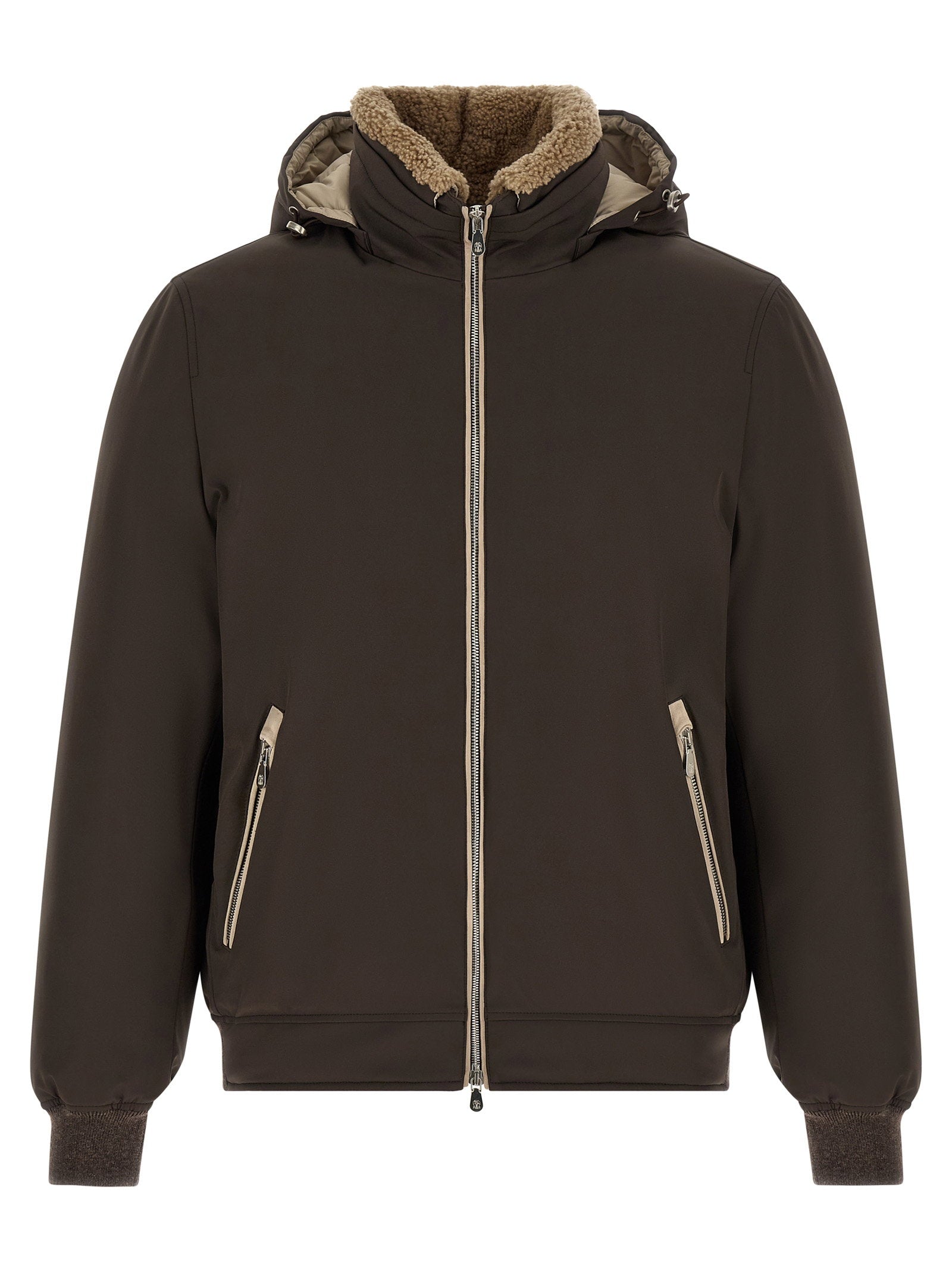 Brunello Cucinelli Detachable Shearling-Lined Hood Down Jacket — Brown