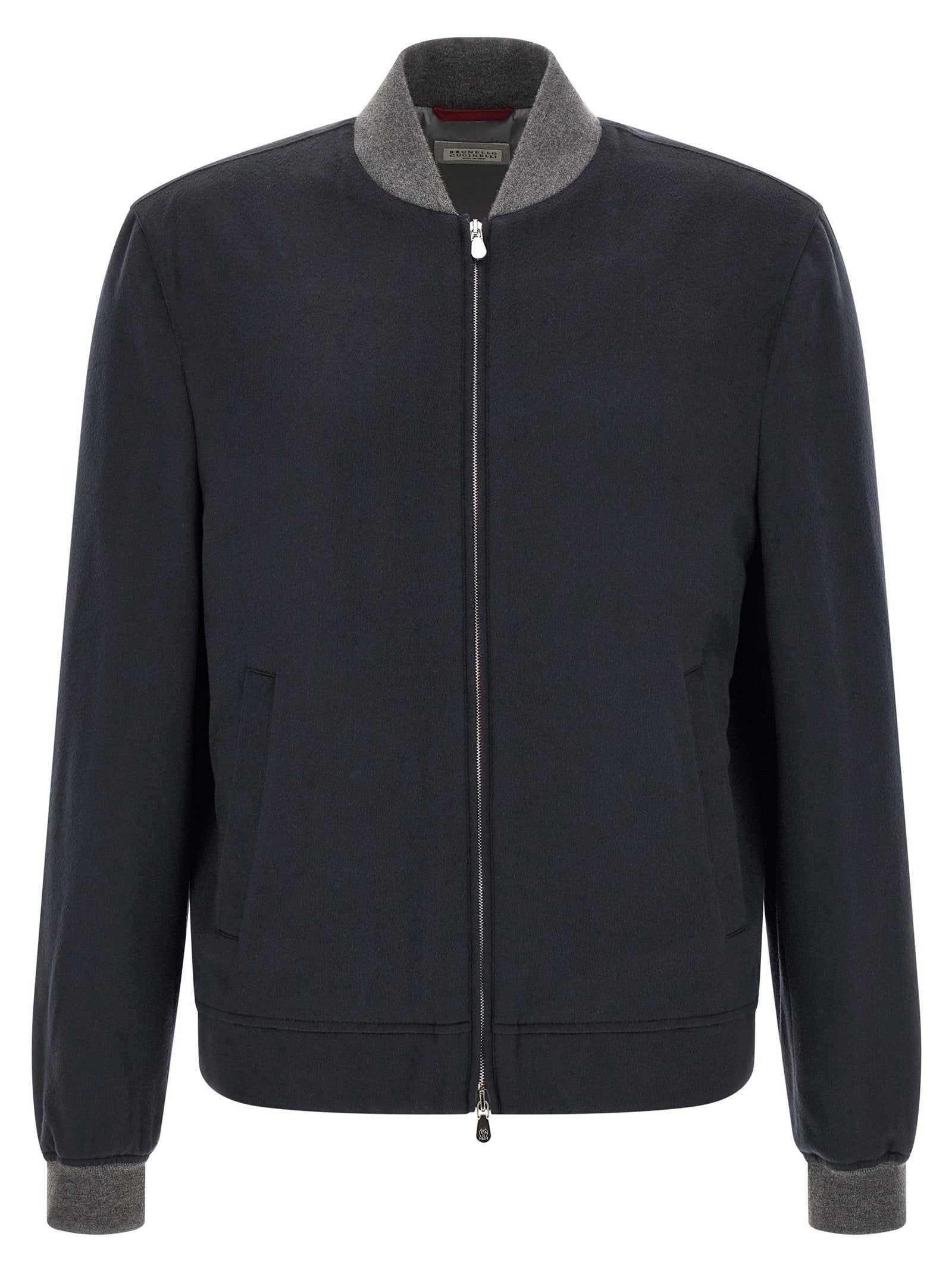 Brunello Cucinelli Cashmere Bomber with Knit Collar Jacket — Navy