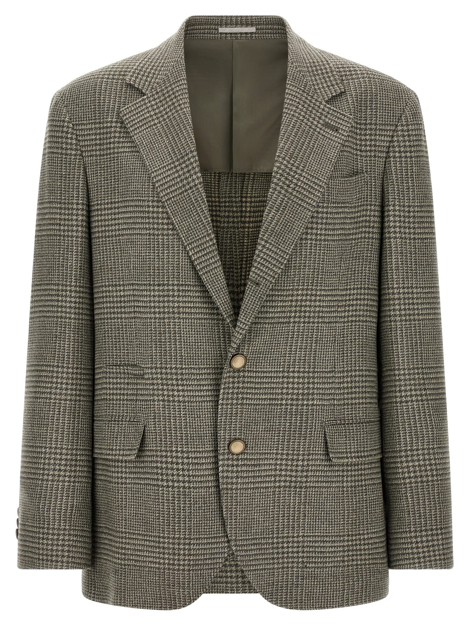 Brunello Cucinelli Prince of Wales Wool-Cashmere Blazer — Green