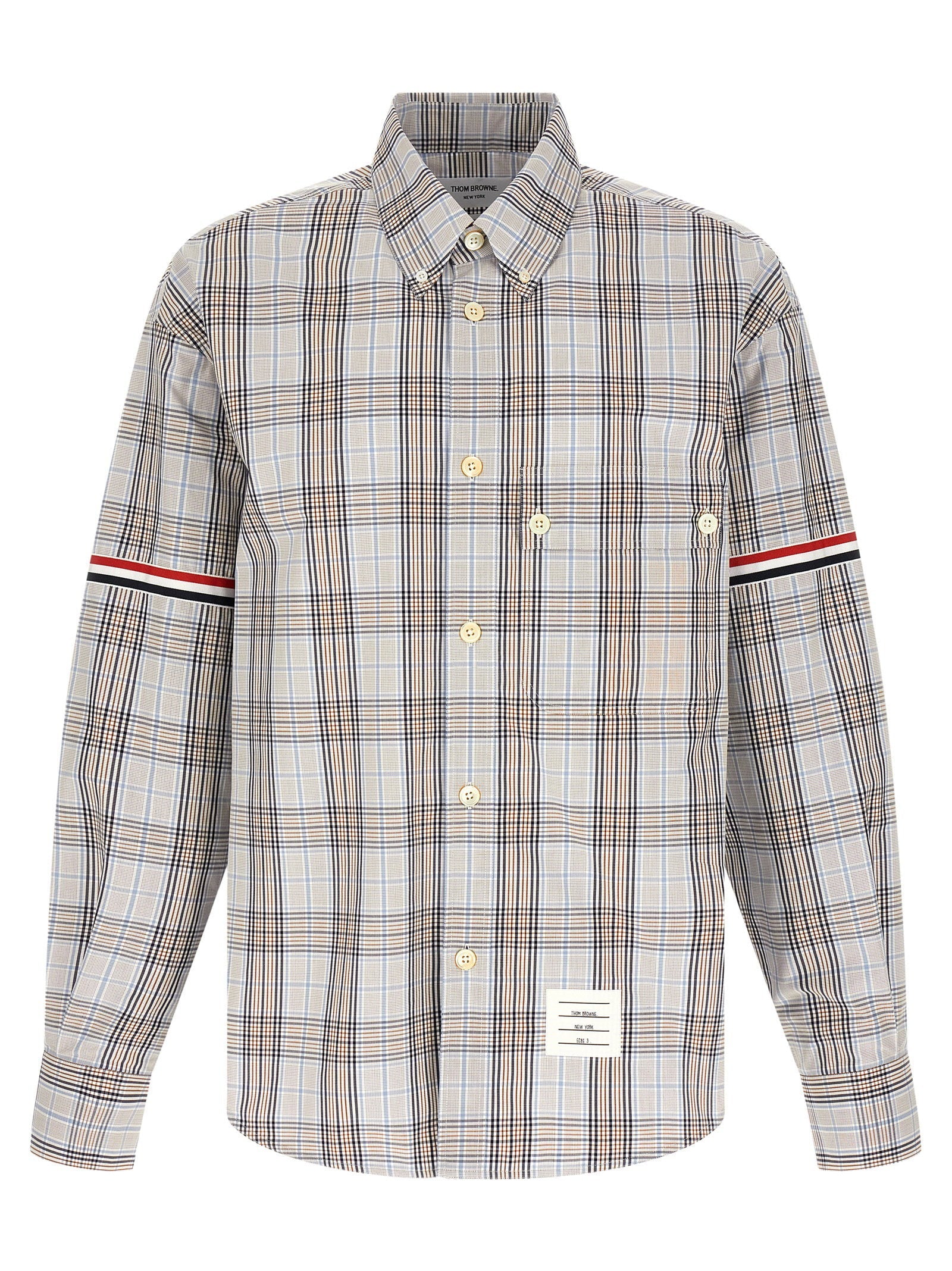 Thom Browne Plaid Cotton Poplin with RWB Grosgrain Bands Shirt — Gray