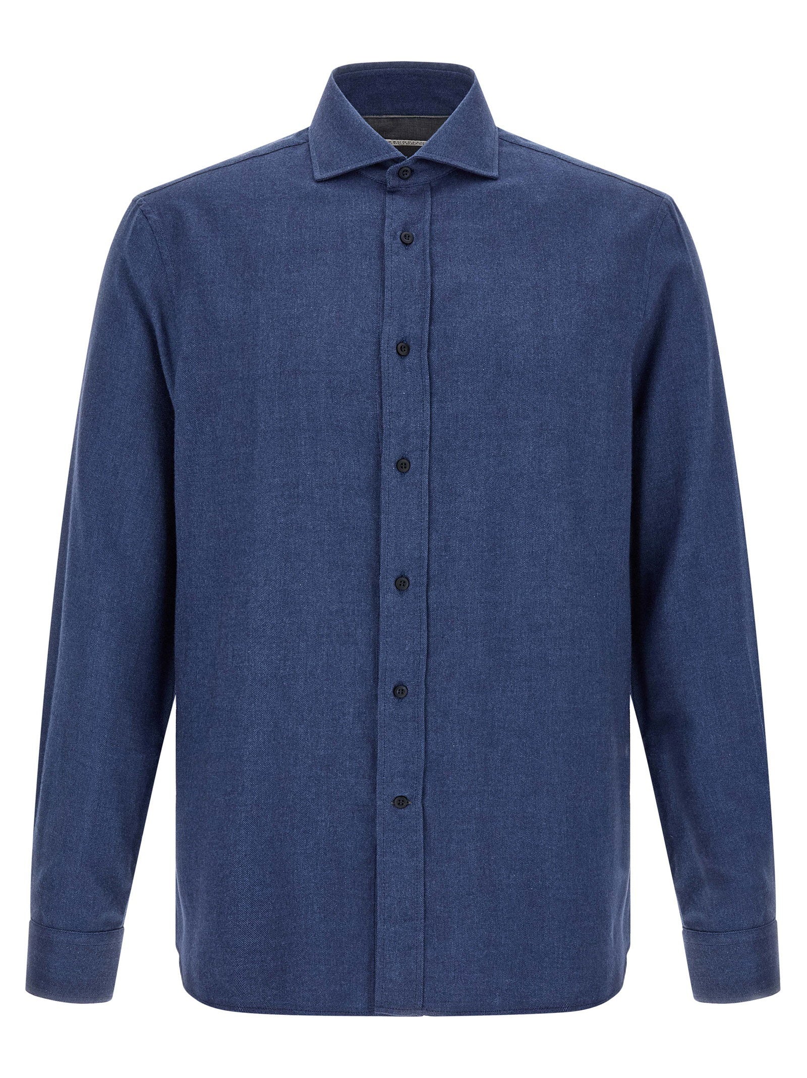 Brunello Cucinelli Herringbone Cotton Shirt — Blue