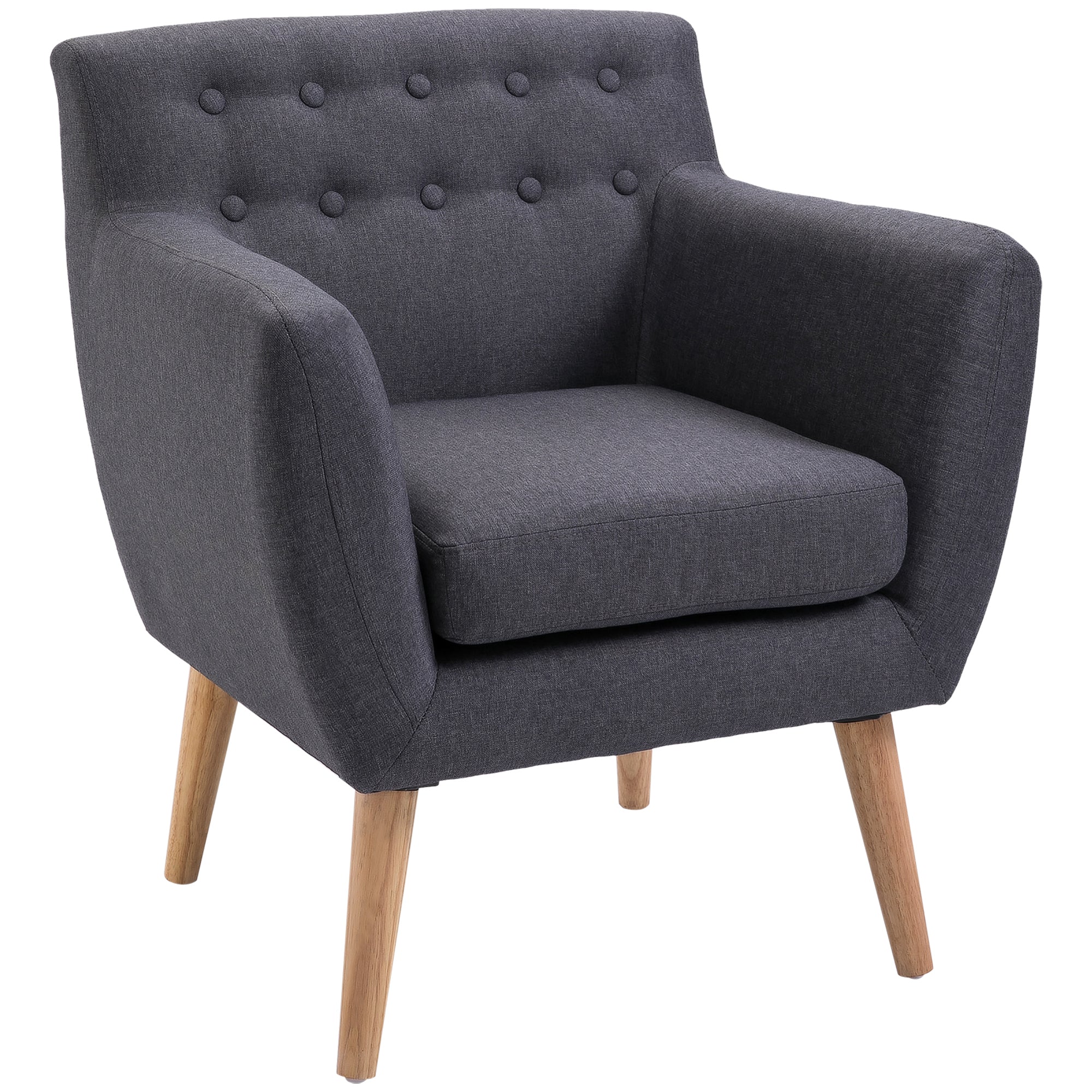 Mid-Century Linen Armchair with Wood Frame and Thick Padding, Dark Grey