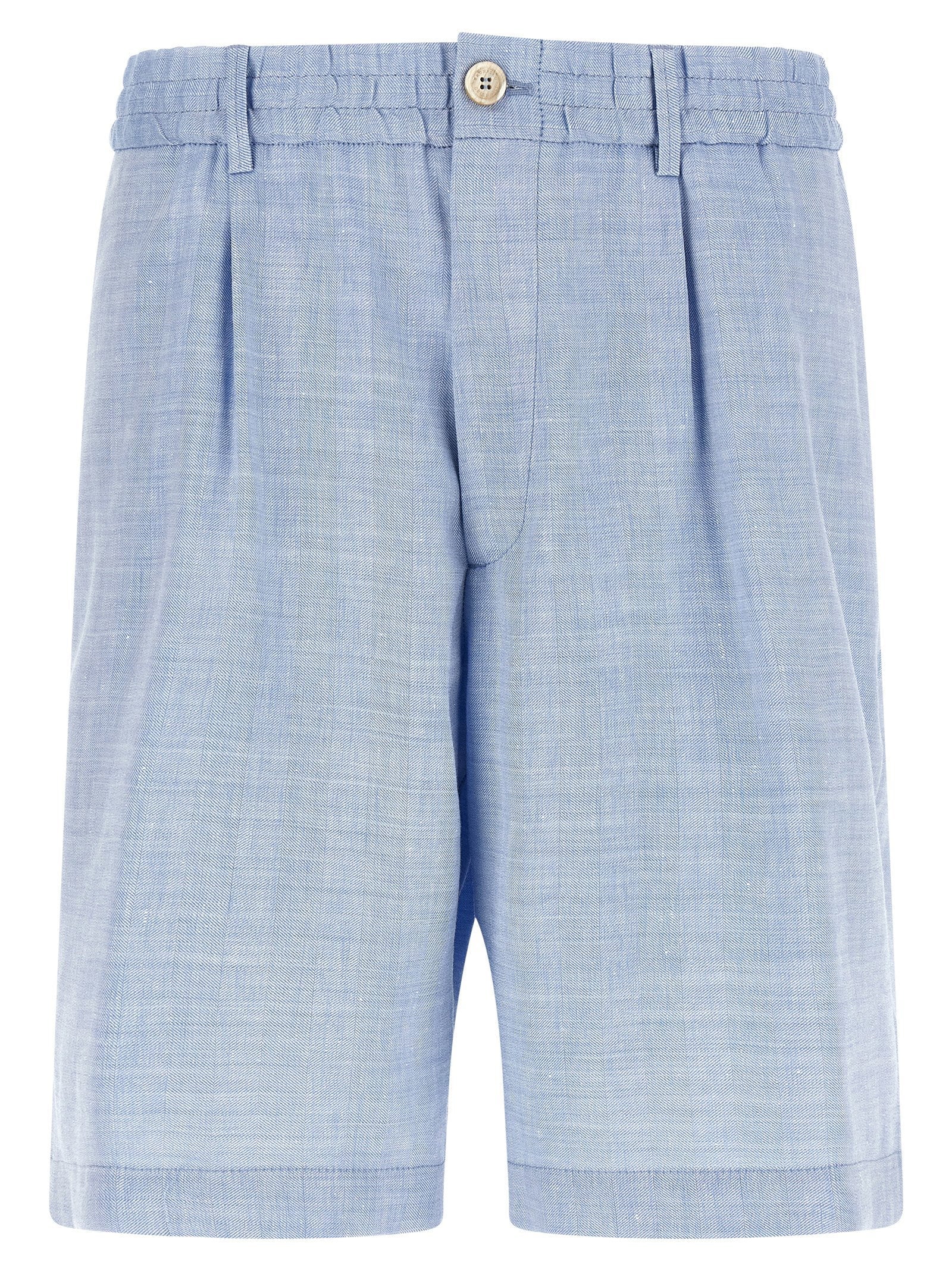 Brunello Cucinelli Chevron Linen-Wool Blend Bermuda Shorts — Blue