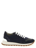 Brunello Cucinelli Suede-Techno Mixed-Media Sneaker — Navy