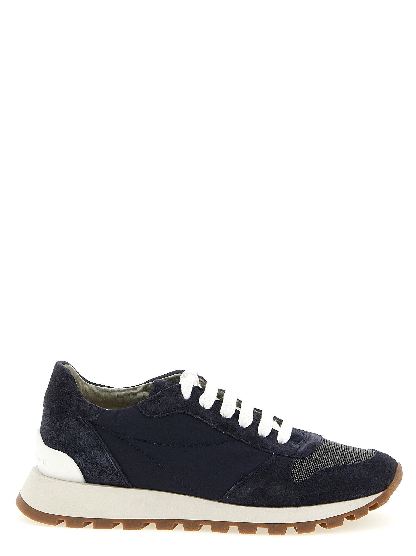 Brunello Cucinelli Suede-Techno Mixed-Media Sneaker — Navy