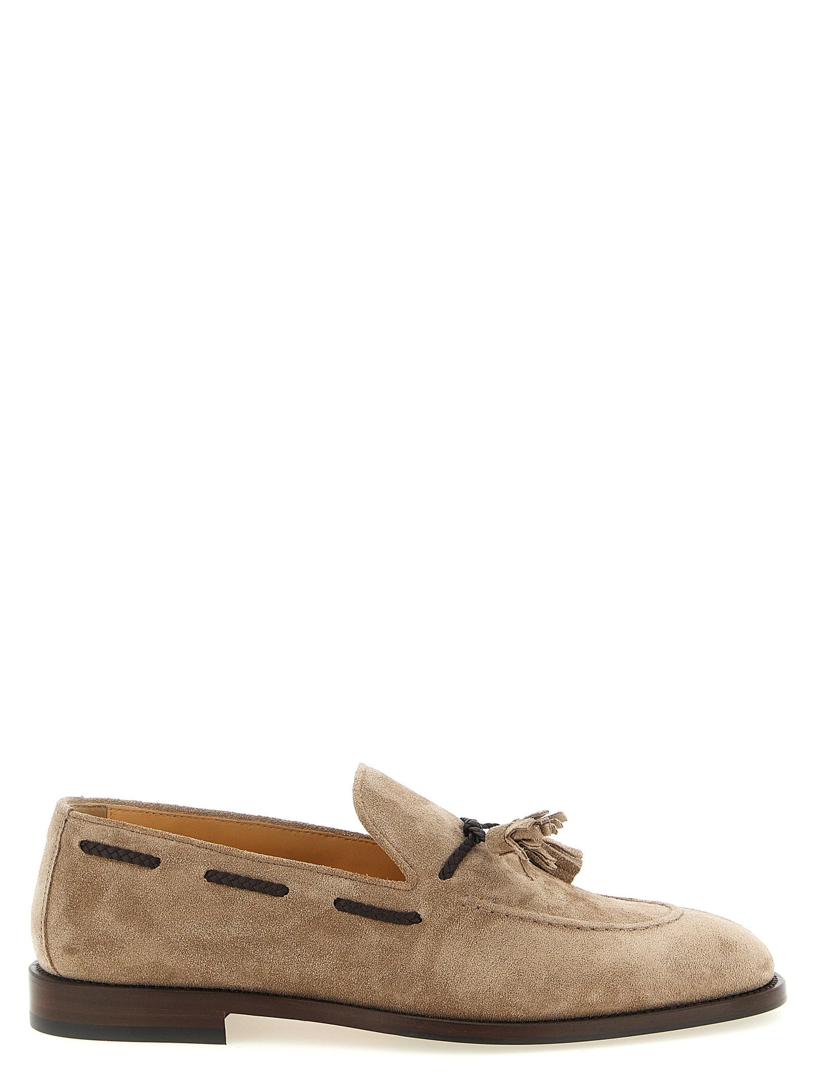 Brunello Cucinelli Suede Tapered Moccasins — Beige