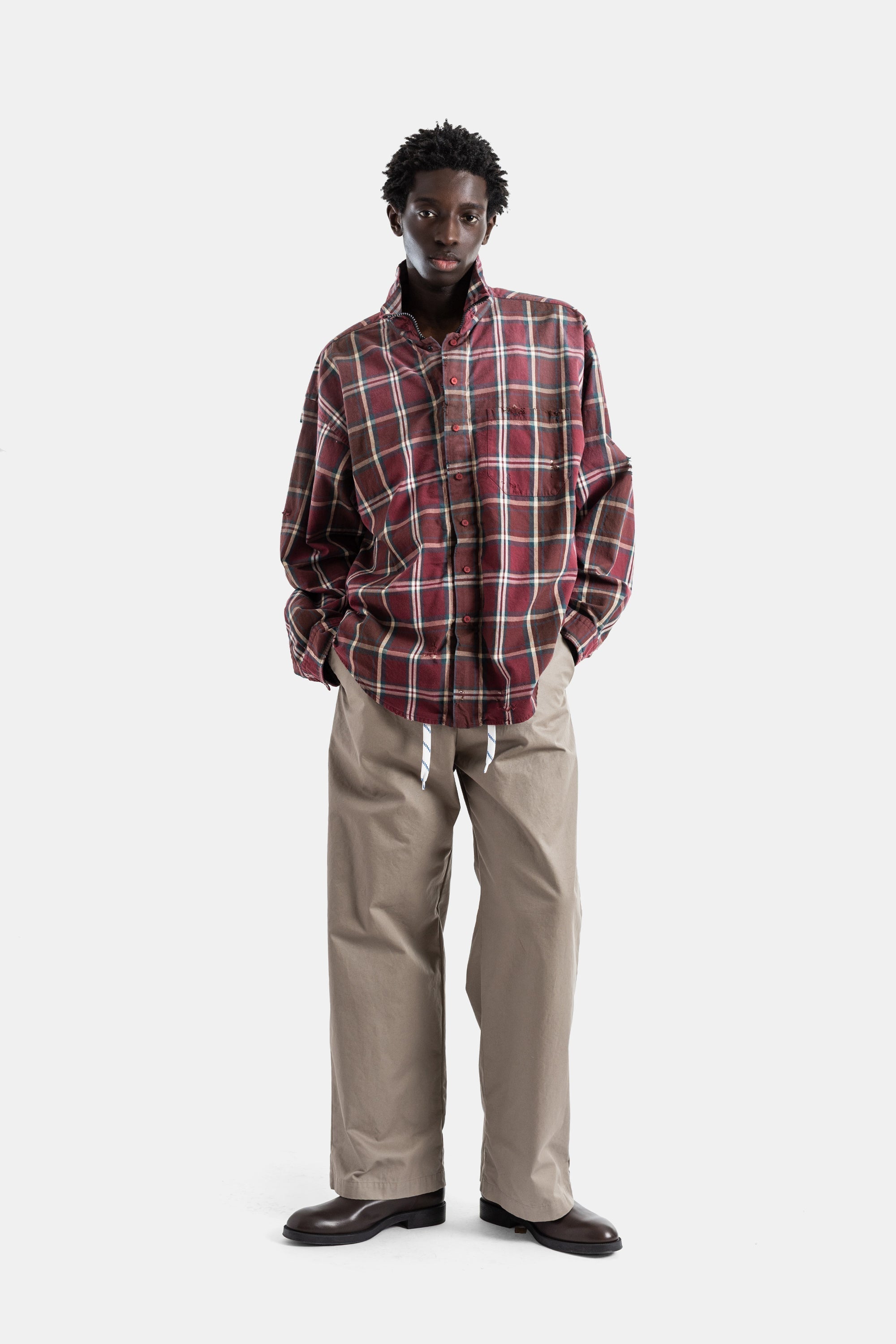 Balenciaga Flannel Plaid Zipped Collar Shirt — Red
