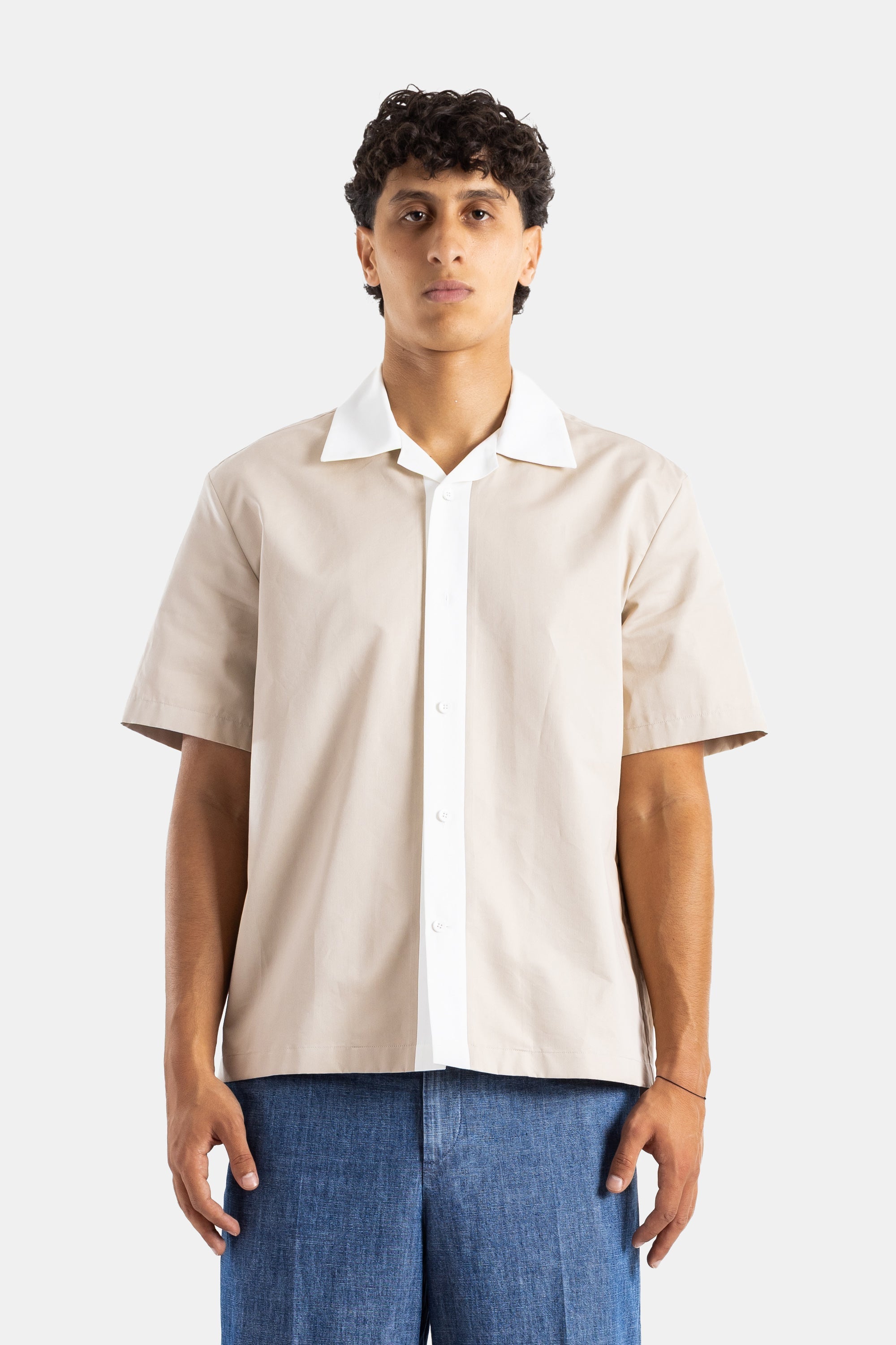 Jil Sander Cuban-Collar Cotton Shirt — Beige