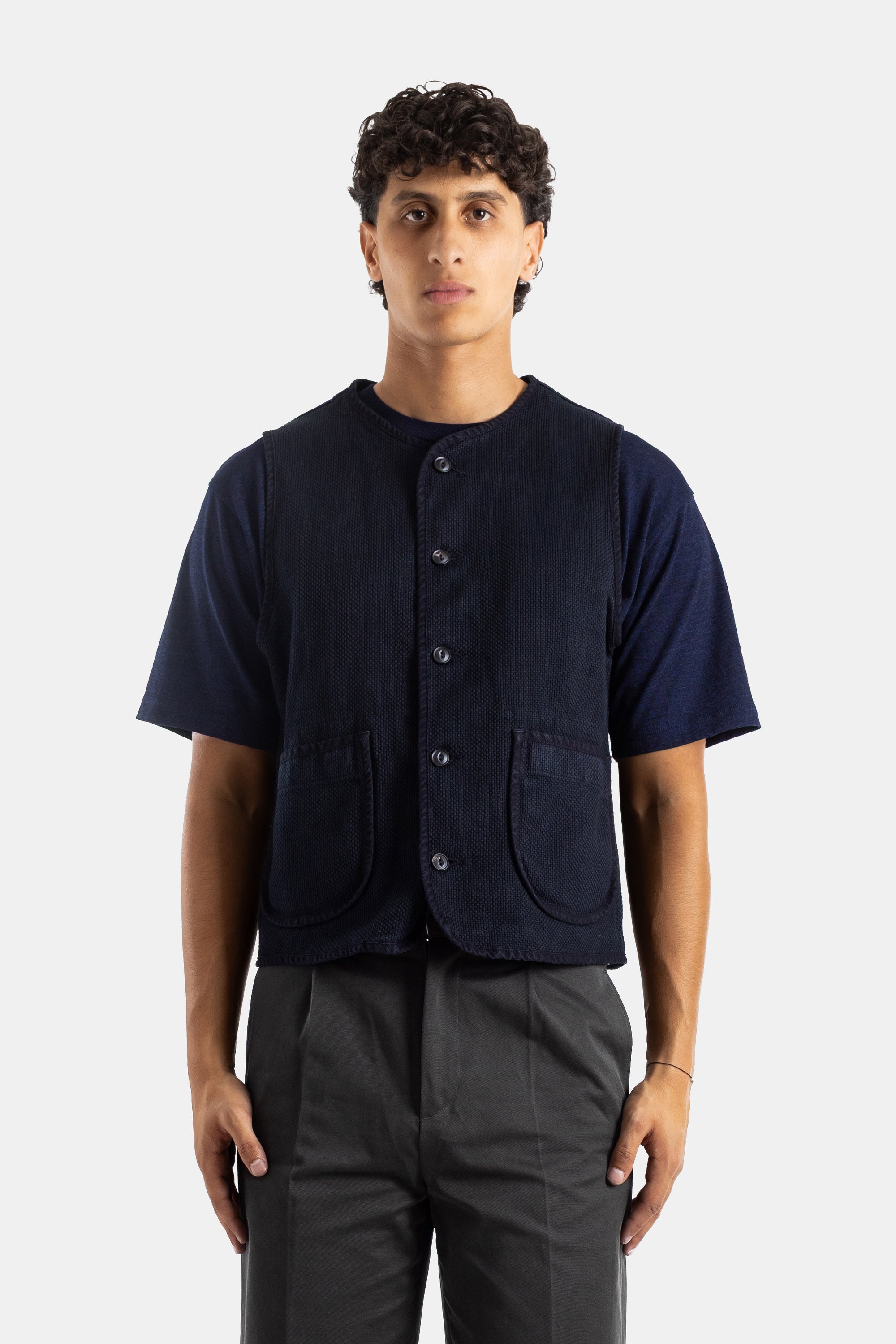 Momotaro Sashiko Overdye Pima Cotton Vest — Navy