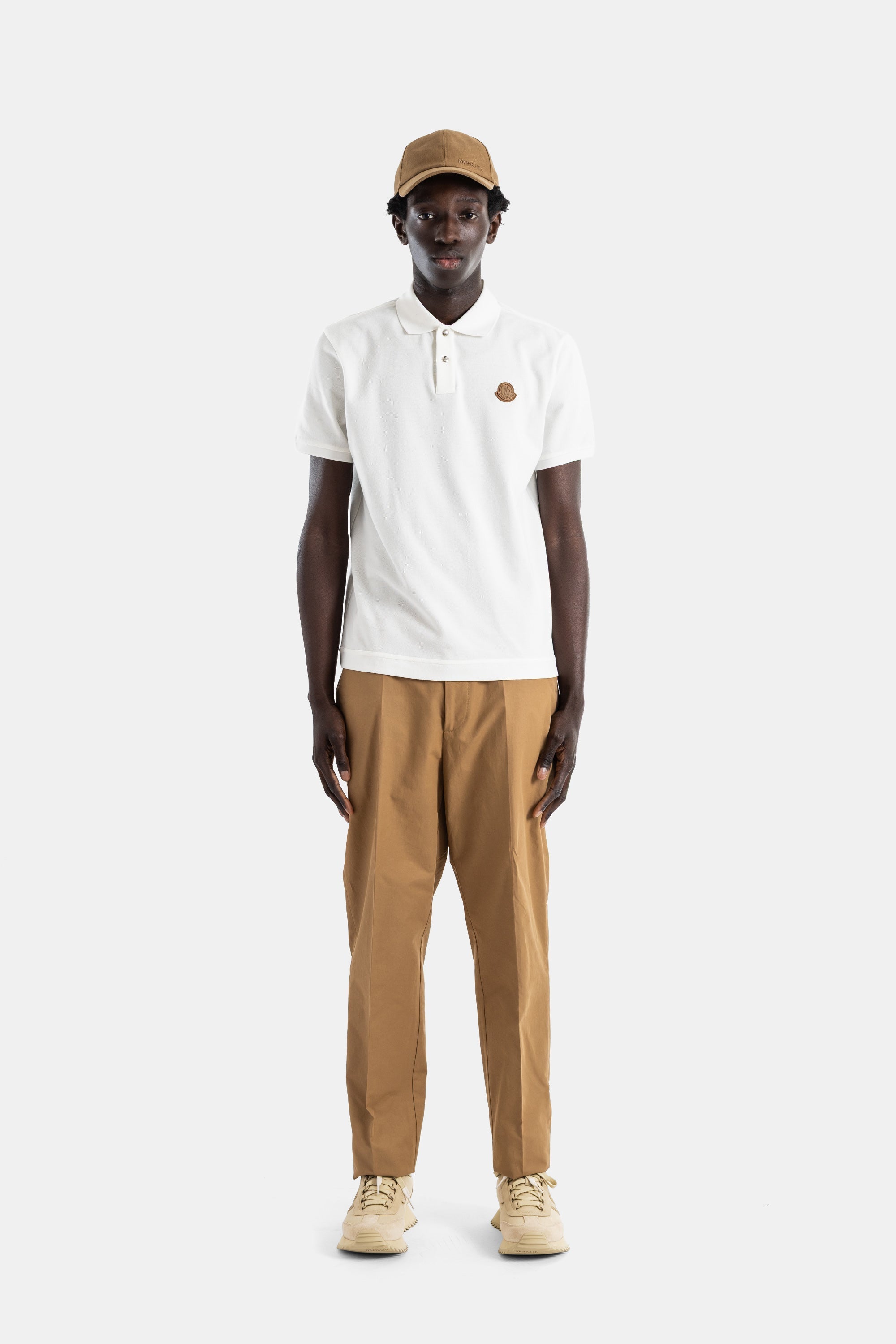 Moncler Cotton Piqué with Leather Logo Patch Polo Shirt — White