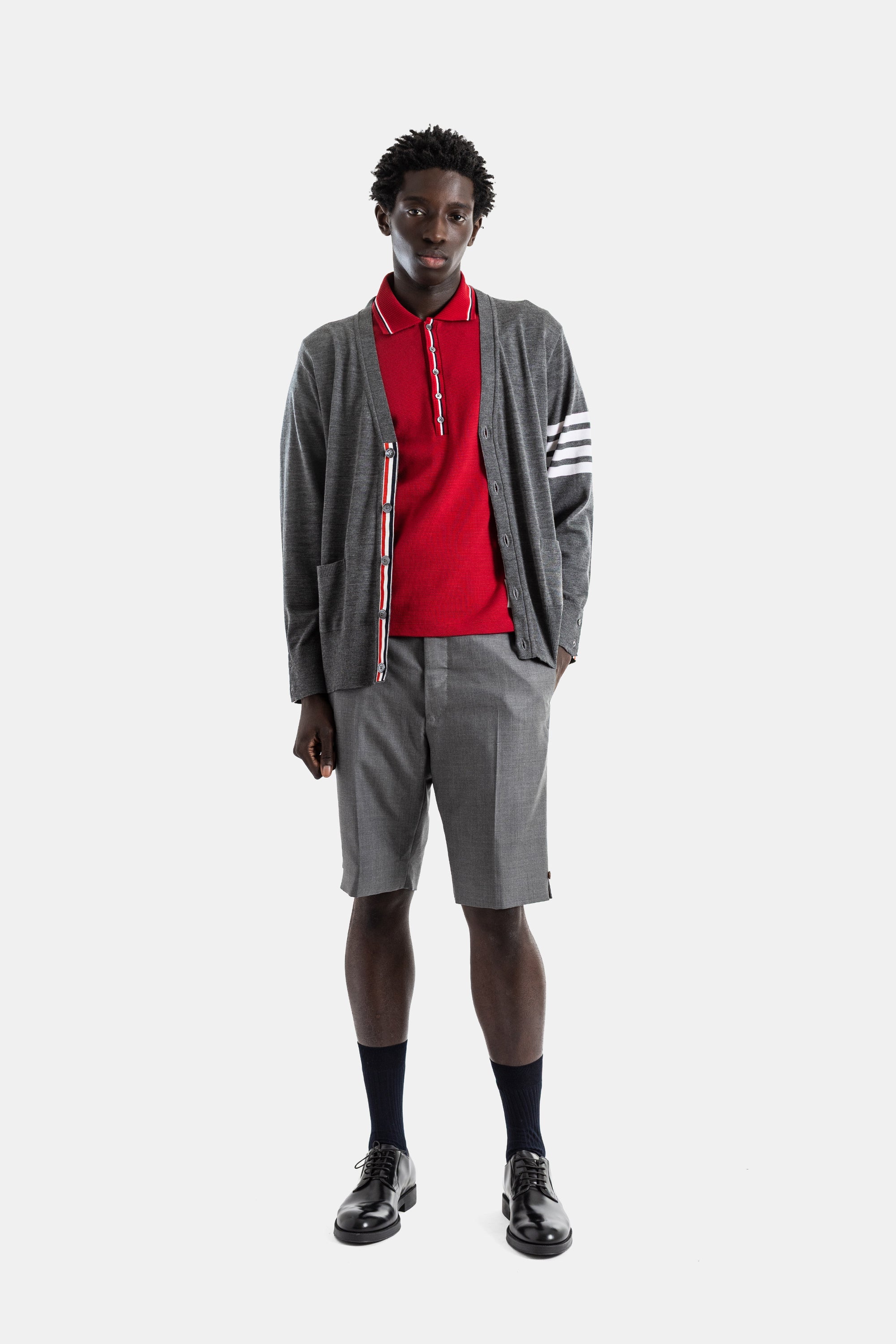 Thom Browne Merino Wool 4-Stripe Sleeve Cardigan — Gray