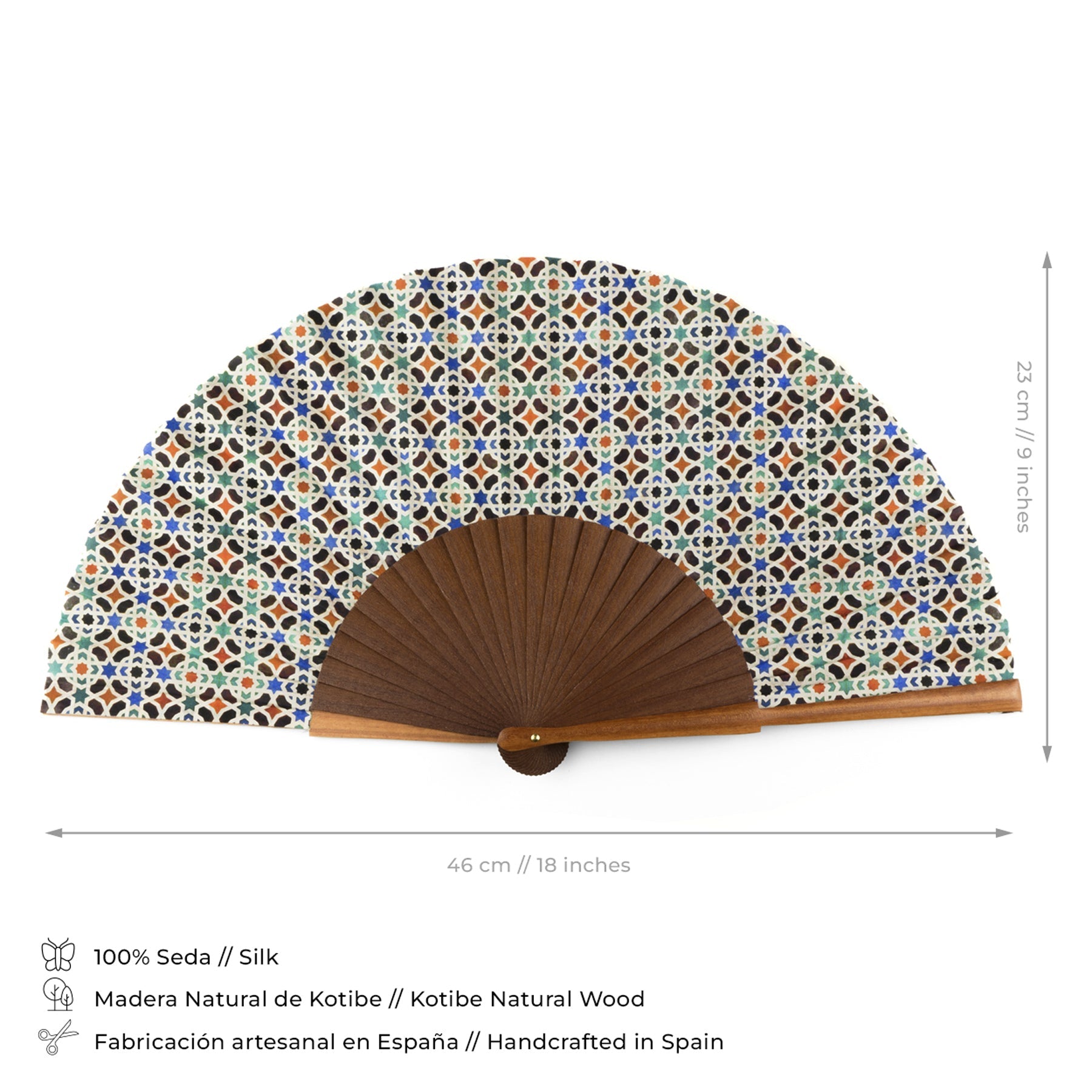 Islamic geometry inspired silk hand fan Malaqa