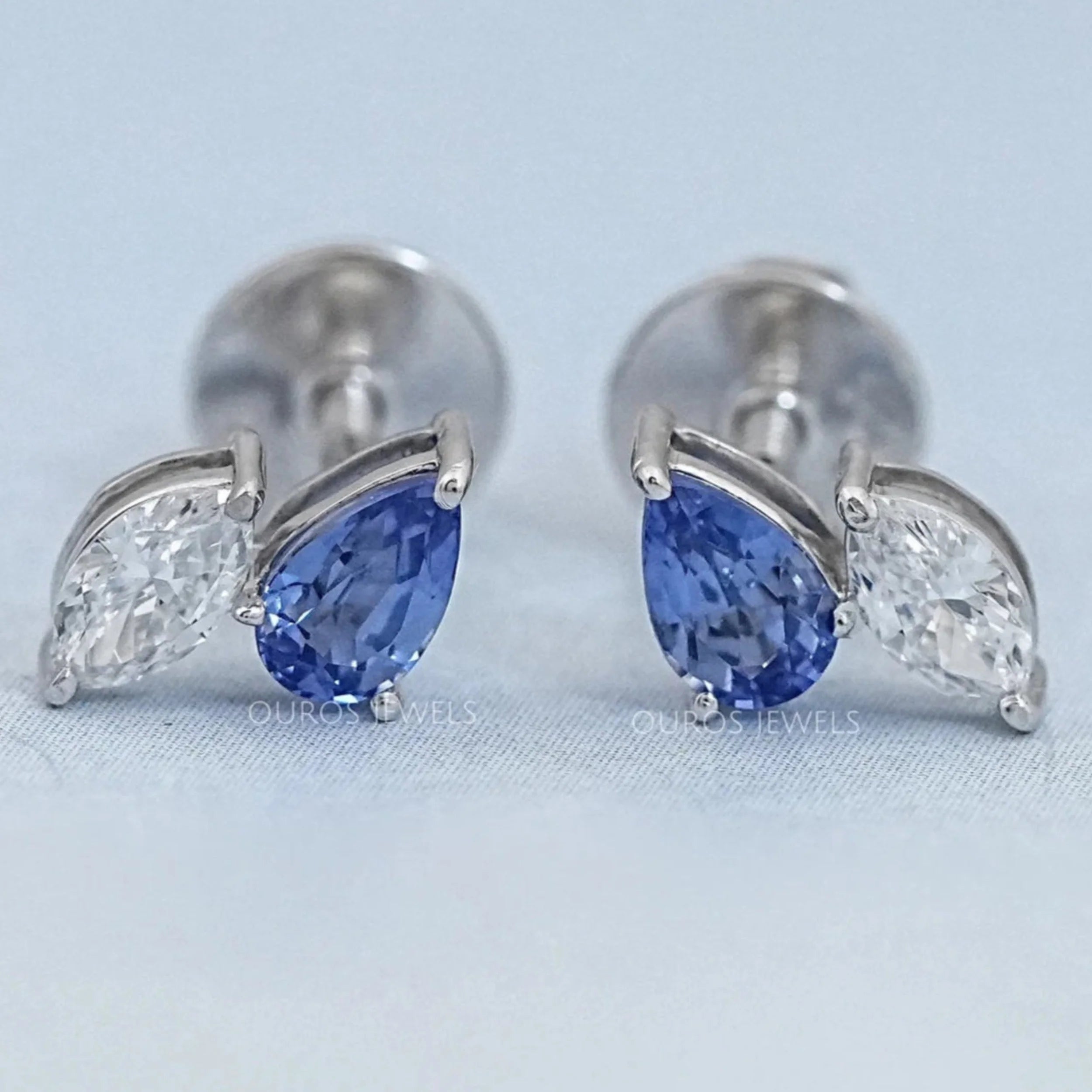 Two Stone Sapphire Pear And Marquise Diamond Stud Earrings