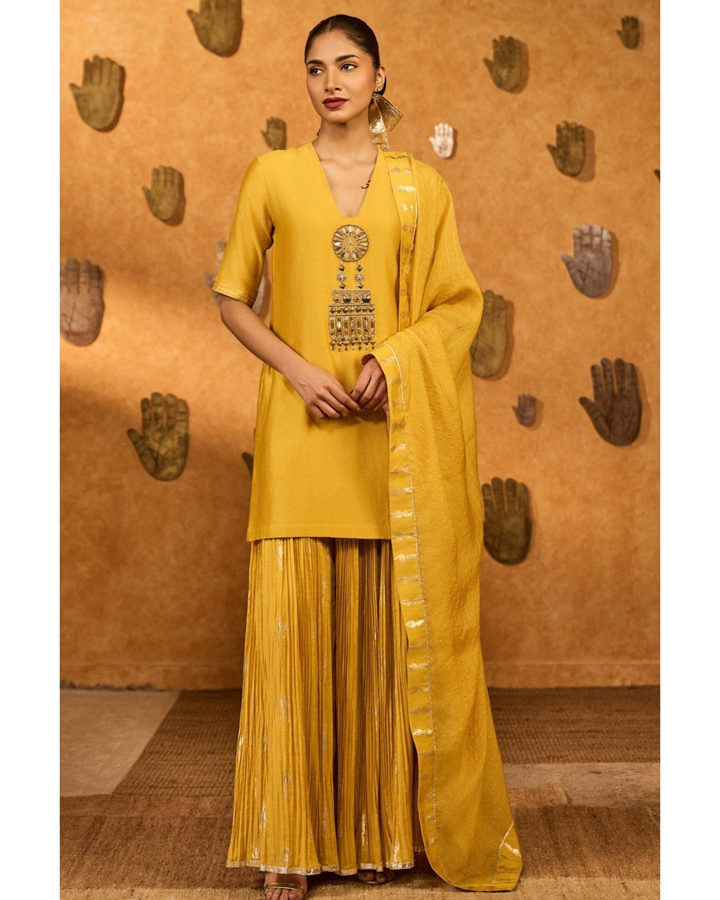 Spiced Ochre Gilded Kettle Kurta Set By KYNAH, Luxury Indian Fashion & Bridal Wear