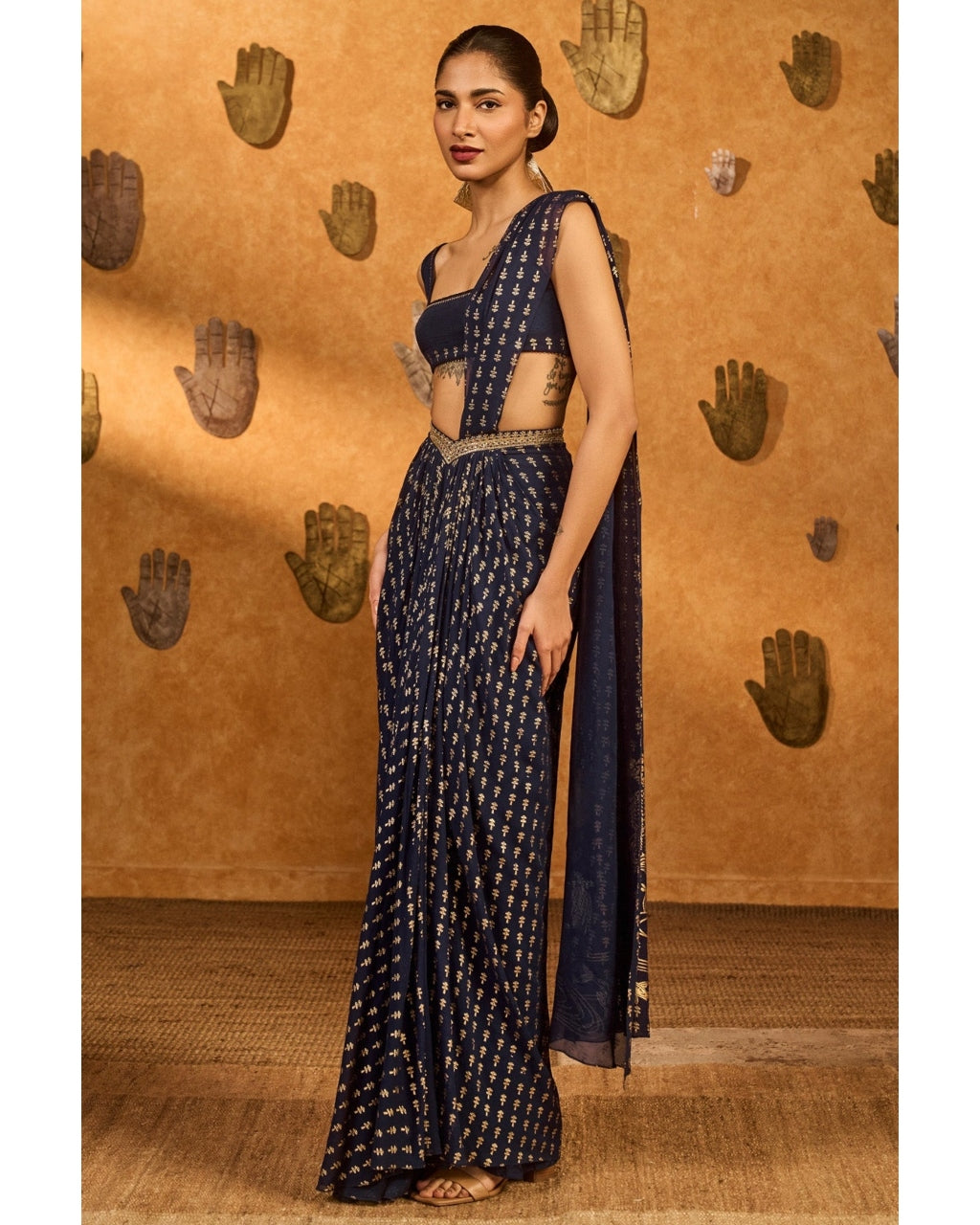 Navy Blue Snow Light Stitched Sari By KYNAH, Luxury Indian Fashion & Bridal Wear