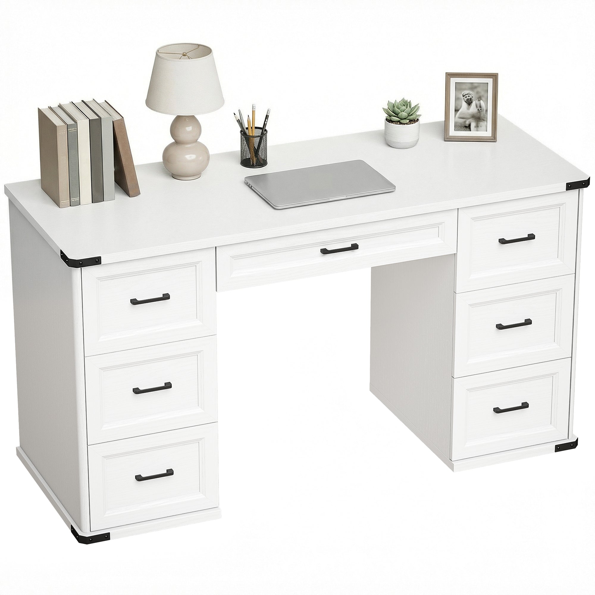 55" Farmhouse Executive Desk, Computer Desk with Drawers, Study Table for Home Office, White Wood Grain