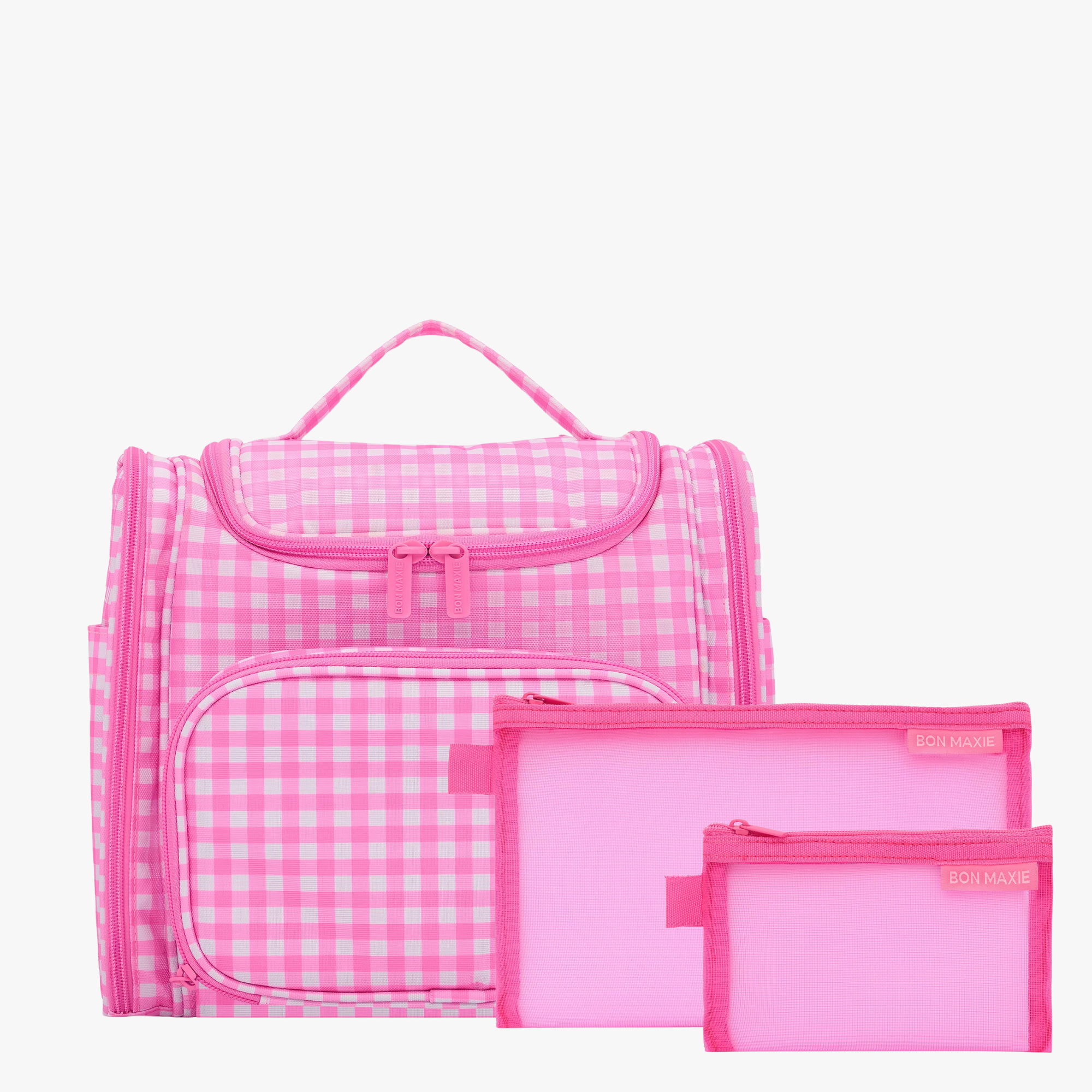 Large Hanging Travel Toiletry Bag + Detachable Pouch - Neon Pink Gingham
