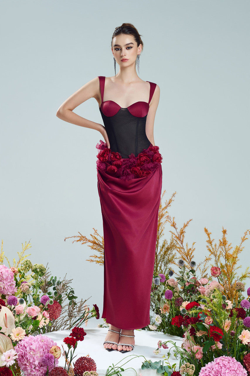 Rouge  Mesh & Floral Appliqué Silk Corset Maxi Dress