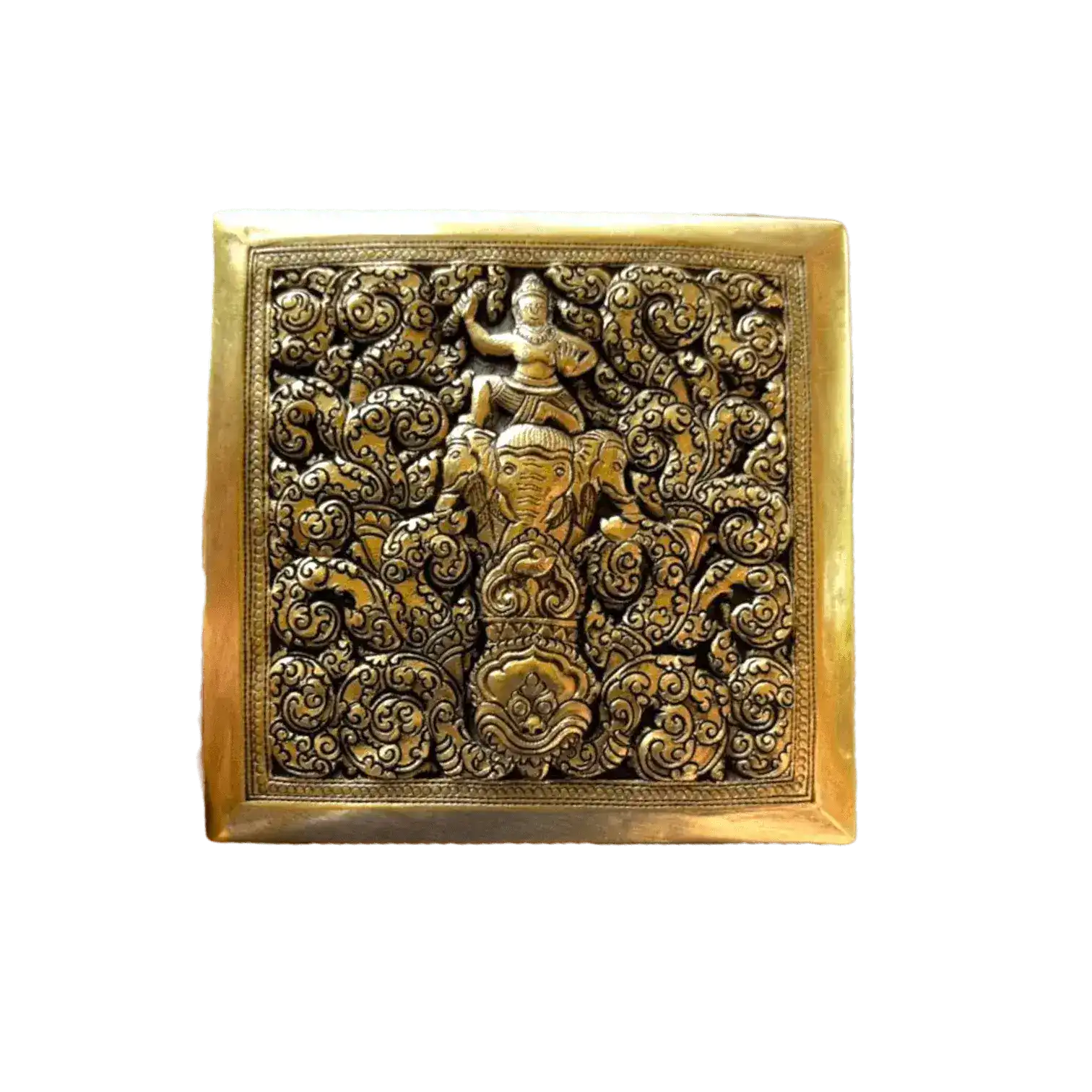 Mini Hand Engraved Solid Brass Niello Square Betel Box - Elephant