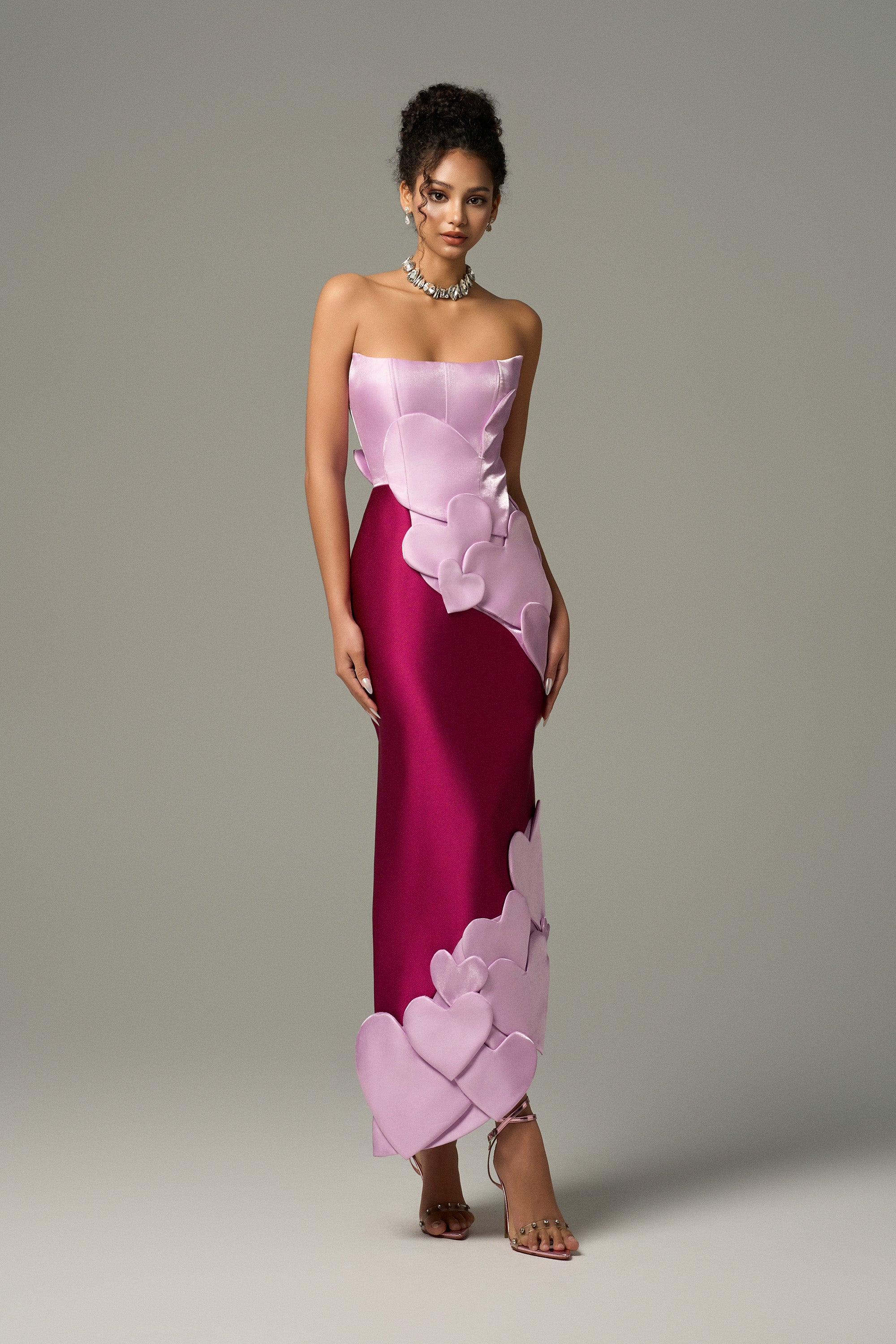 Darling Color Mix Taffeta Asymmetric Heart Detail Maxi Dress Purple
