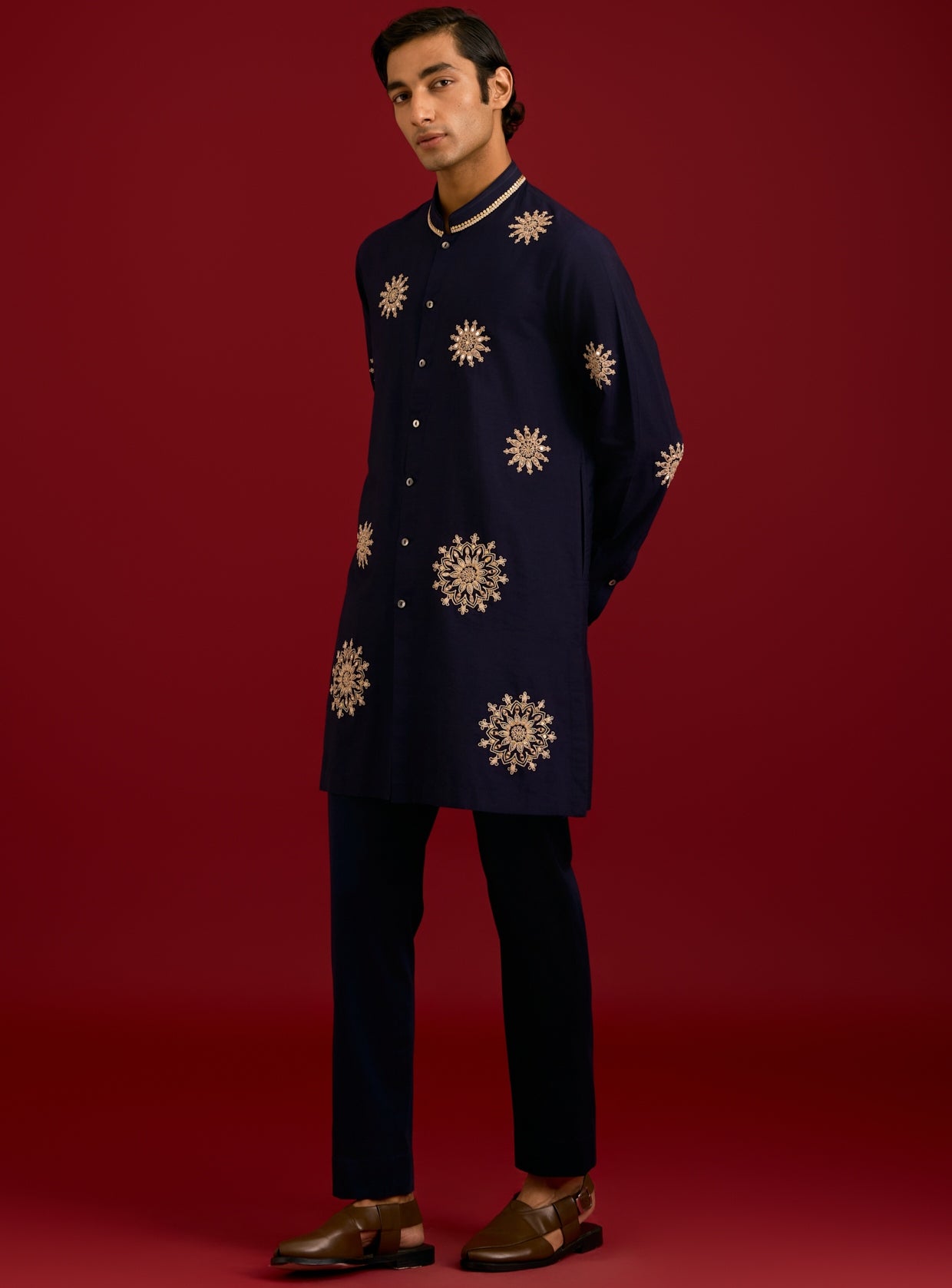 Navy Cotton Silk Blend Sequins And Mirror Work Kurta Set By KYNAH, Luxury Indian Fashion & Bridal Wear