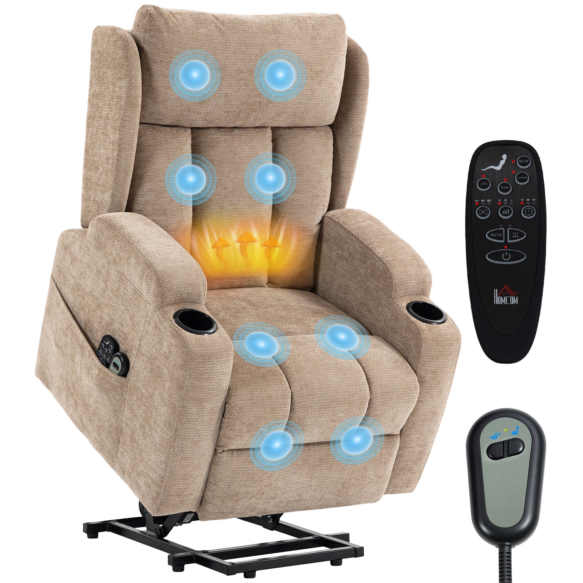 Power Lift Recliner Chair with Vibration Massage & Heat, Wide High Back, Folding Headrest & Cup Holders, Brown