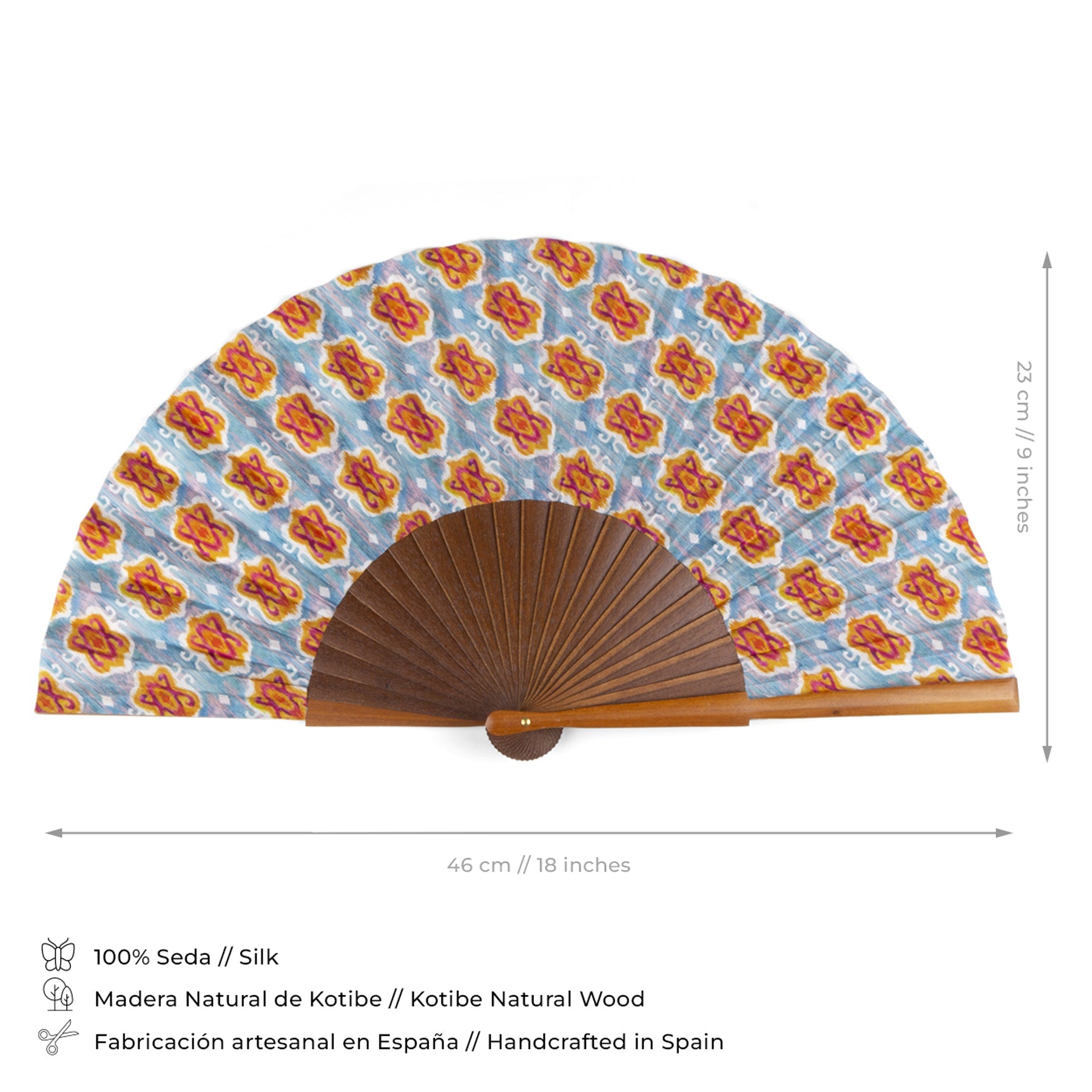 Handcrafted Silk Fan with Geometric Ikat Pattern in Vibrant Colors