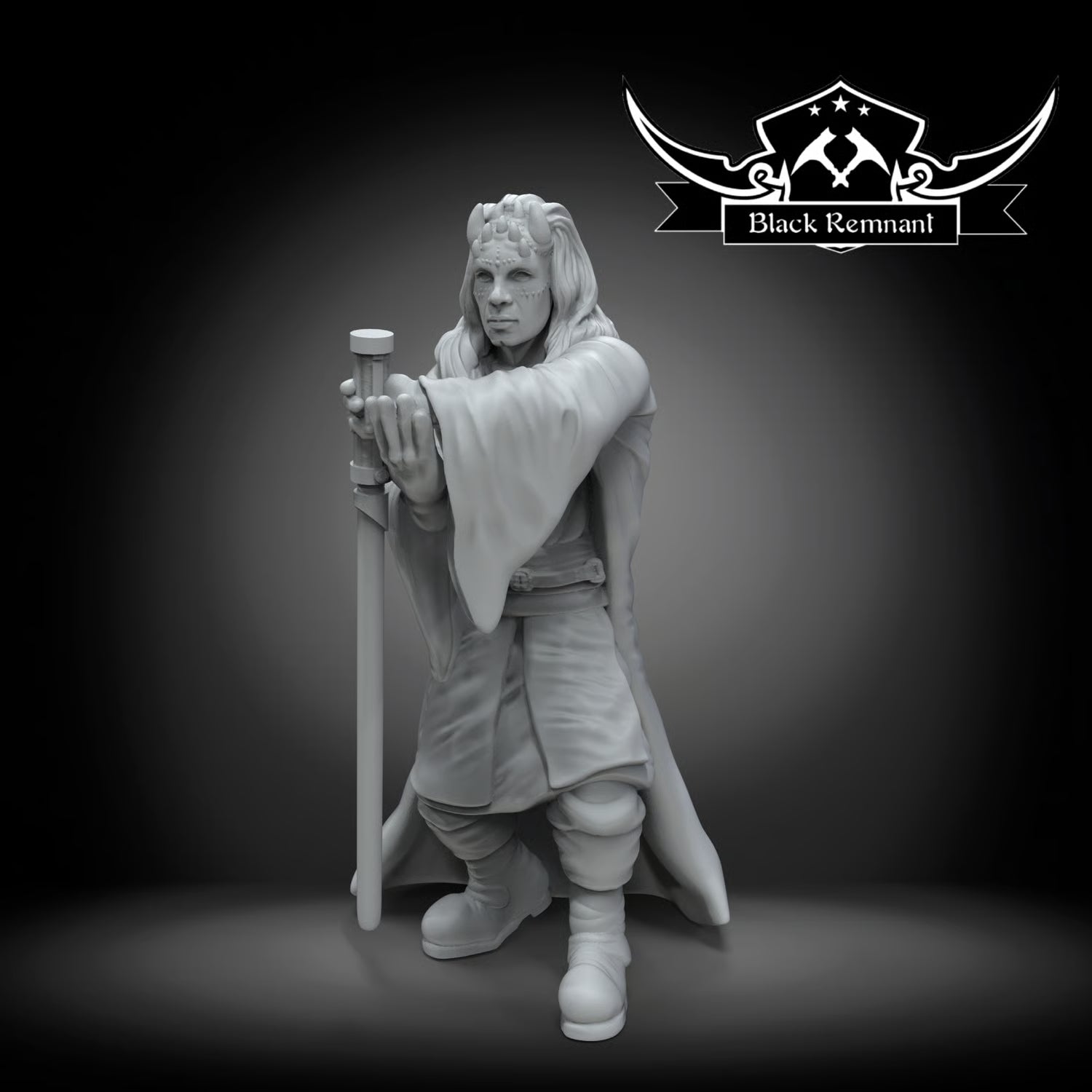 Mystical warrior with long hairs and horns, Black Remnant