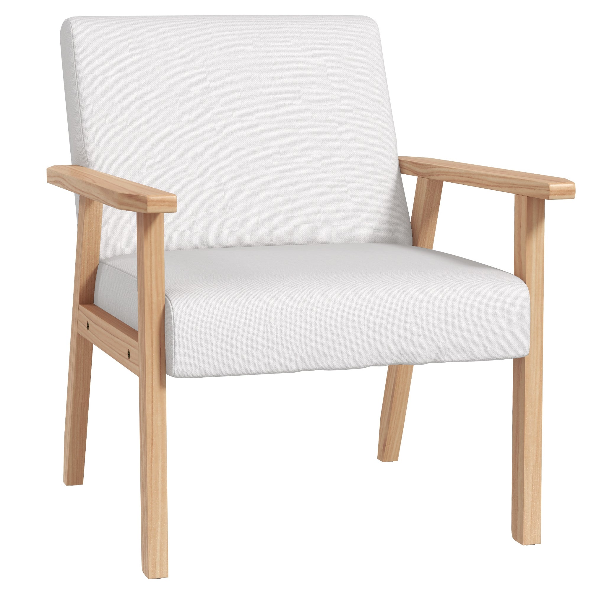 Wood Frame Accent Armchair with Thick Linen Cushions & Wide Seat, Cream White