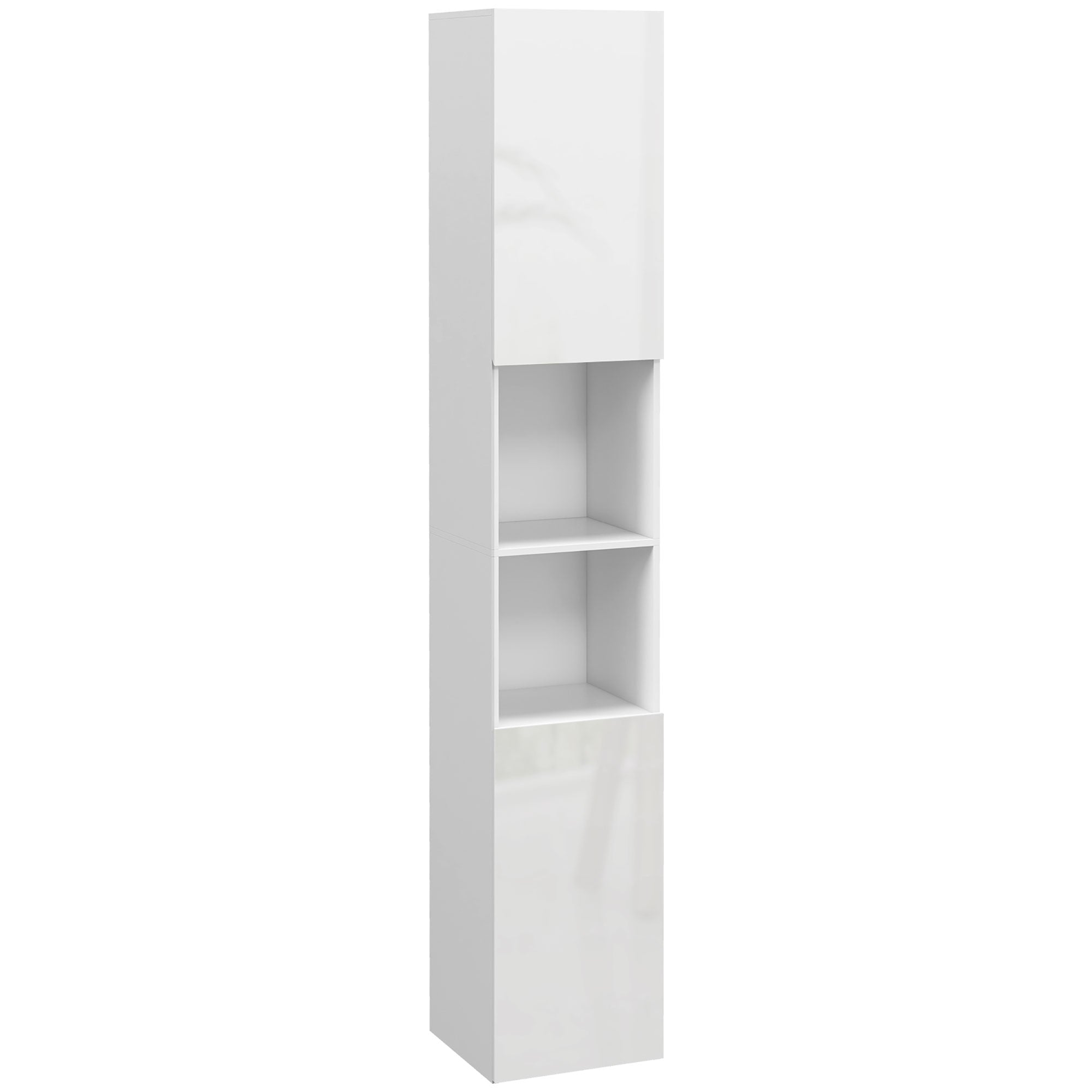 71" Tall Narrow Linen Tower w/ Open Shelves, 2 Doors Cabinets & Adjustable Shelves, White