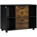 Mobile Lateral Filing Cabinet with Open Shelves, Wheels & Lockable Drawer, Rustic Brown