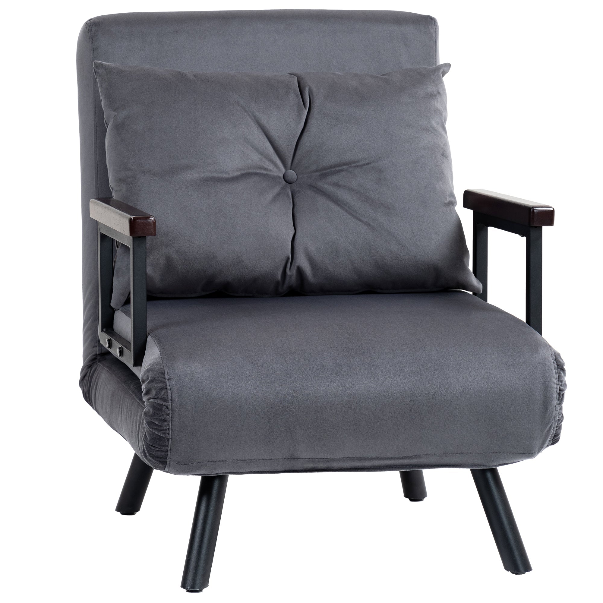 Click Clack Convertible Chair Bed, Velvet Feel Fabric Chair with Cushion, Wood Armrests, Charcoal Grey