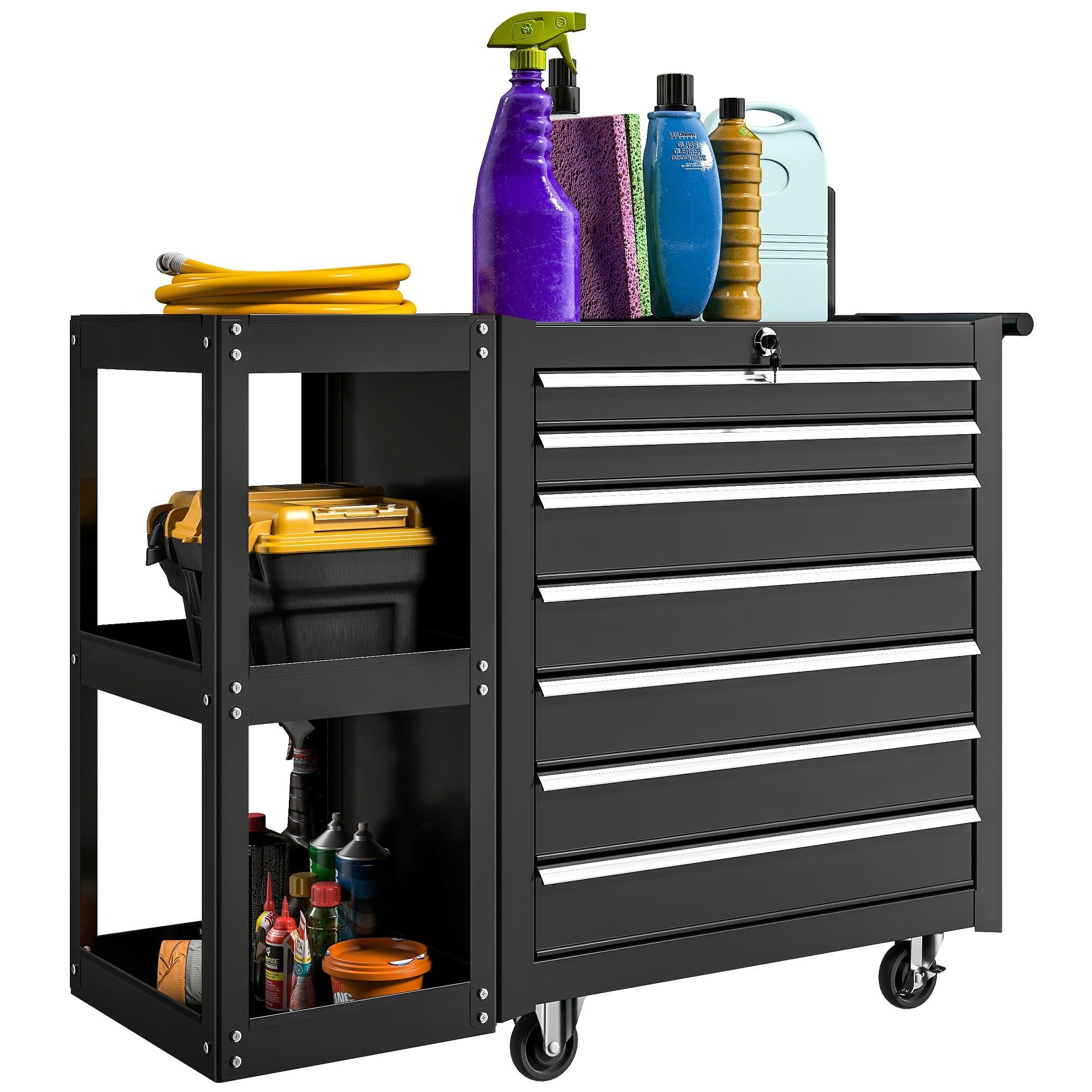 7-Drawer Rolling Tool Cabinet with Lockable Steel Chest & Handle, Black