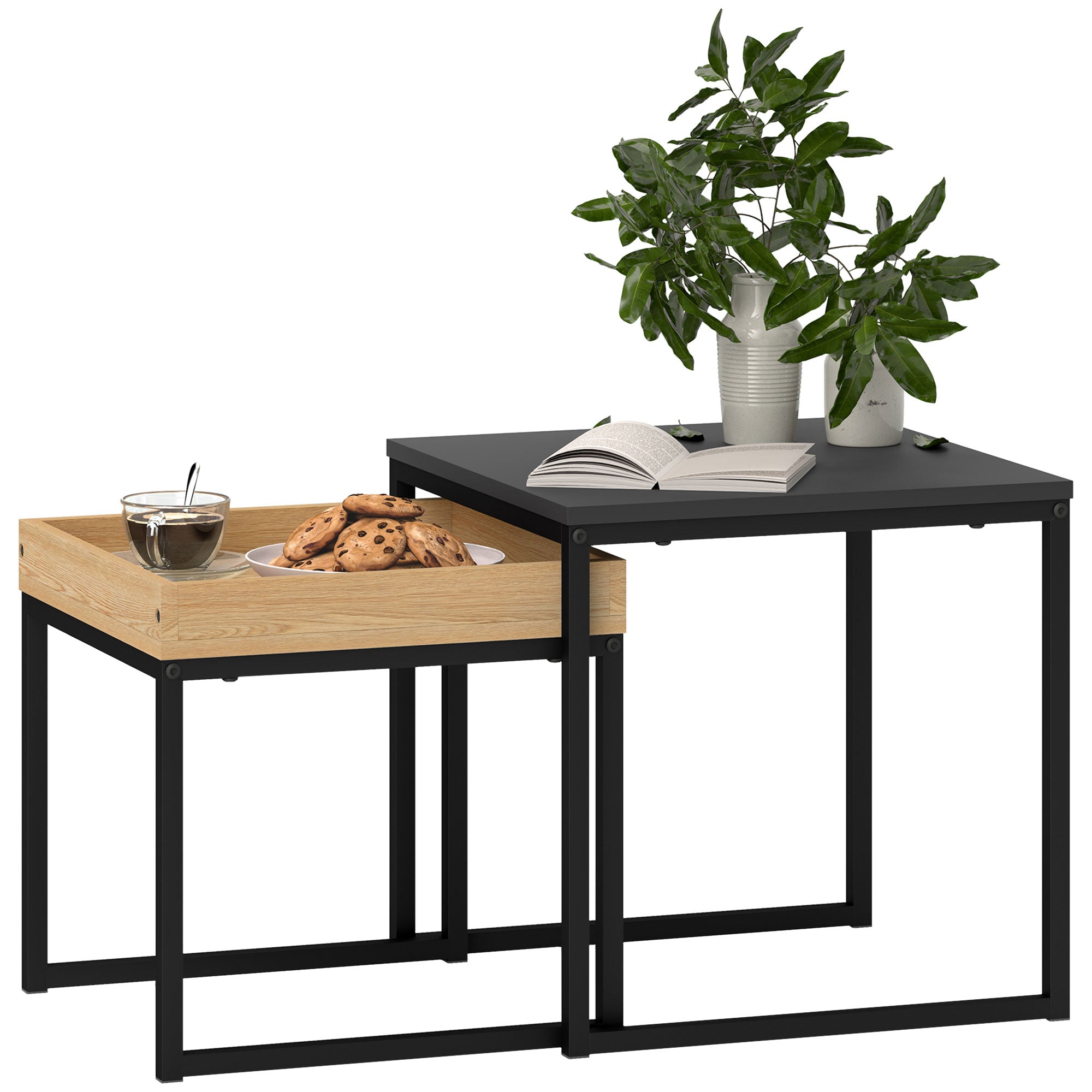 Nesting Coffee Table Set of 2, Square Sofa Side Tables with Steel Frame, Small Space, Black
