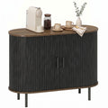 39.4" Sideboard with Tambour Doors, Shelving & Slots, Brown Wood Grain & Black