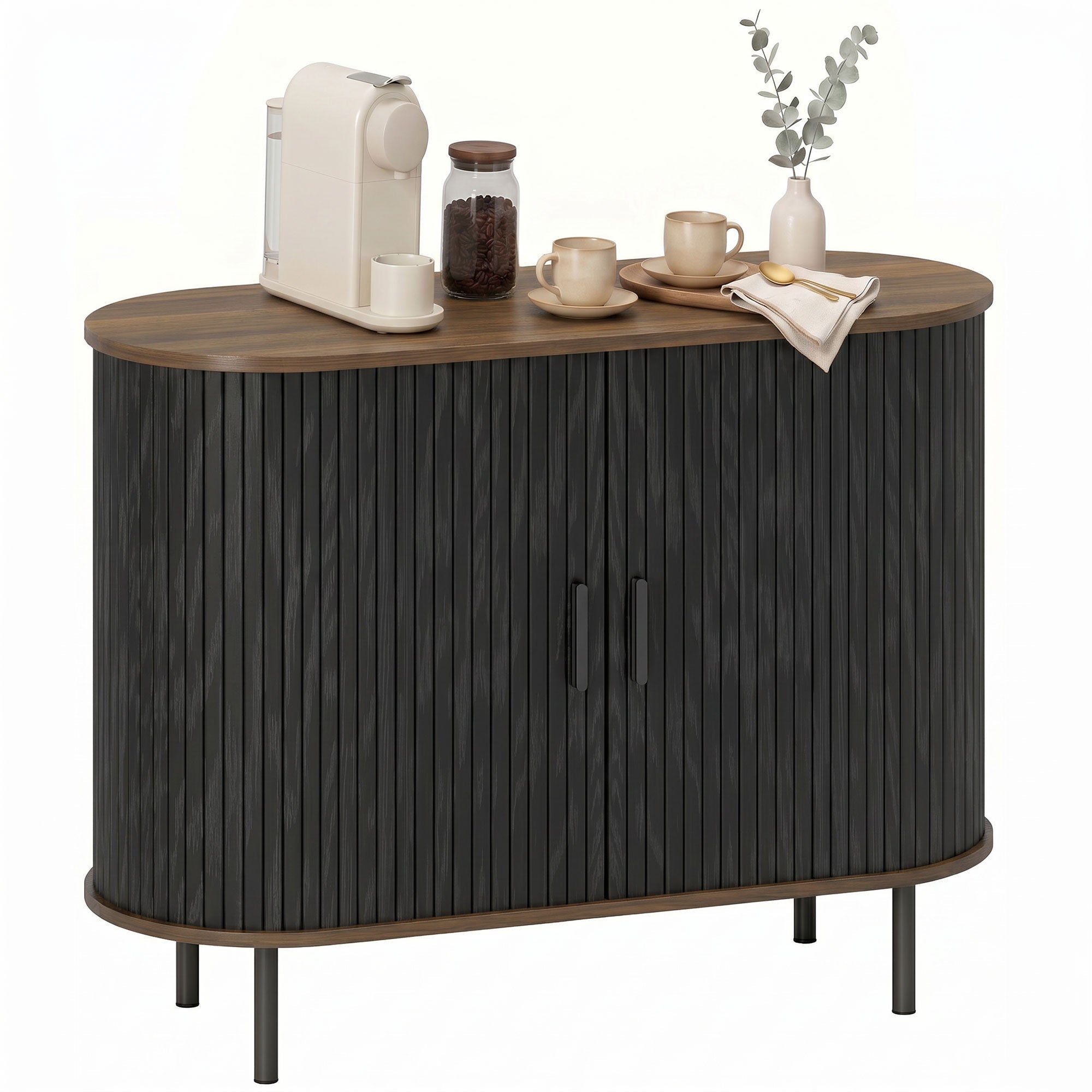 39.4" Sideboard with Tambour Doors, Shelving & Slots, Brown Wood Grain & Black