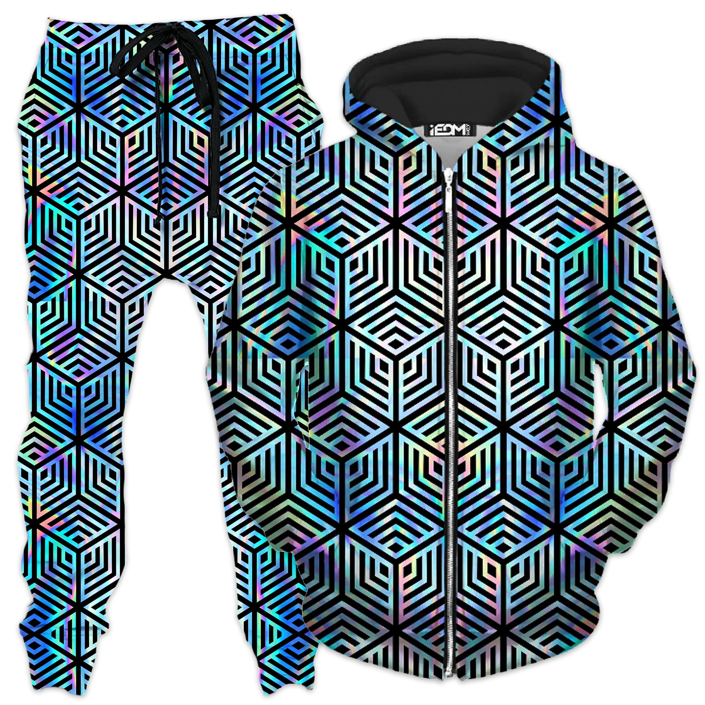 Holographic Hexagon Zip-Up Hoodie and Joggers Combo