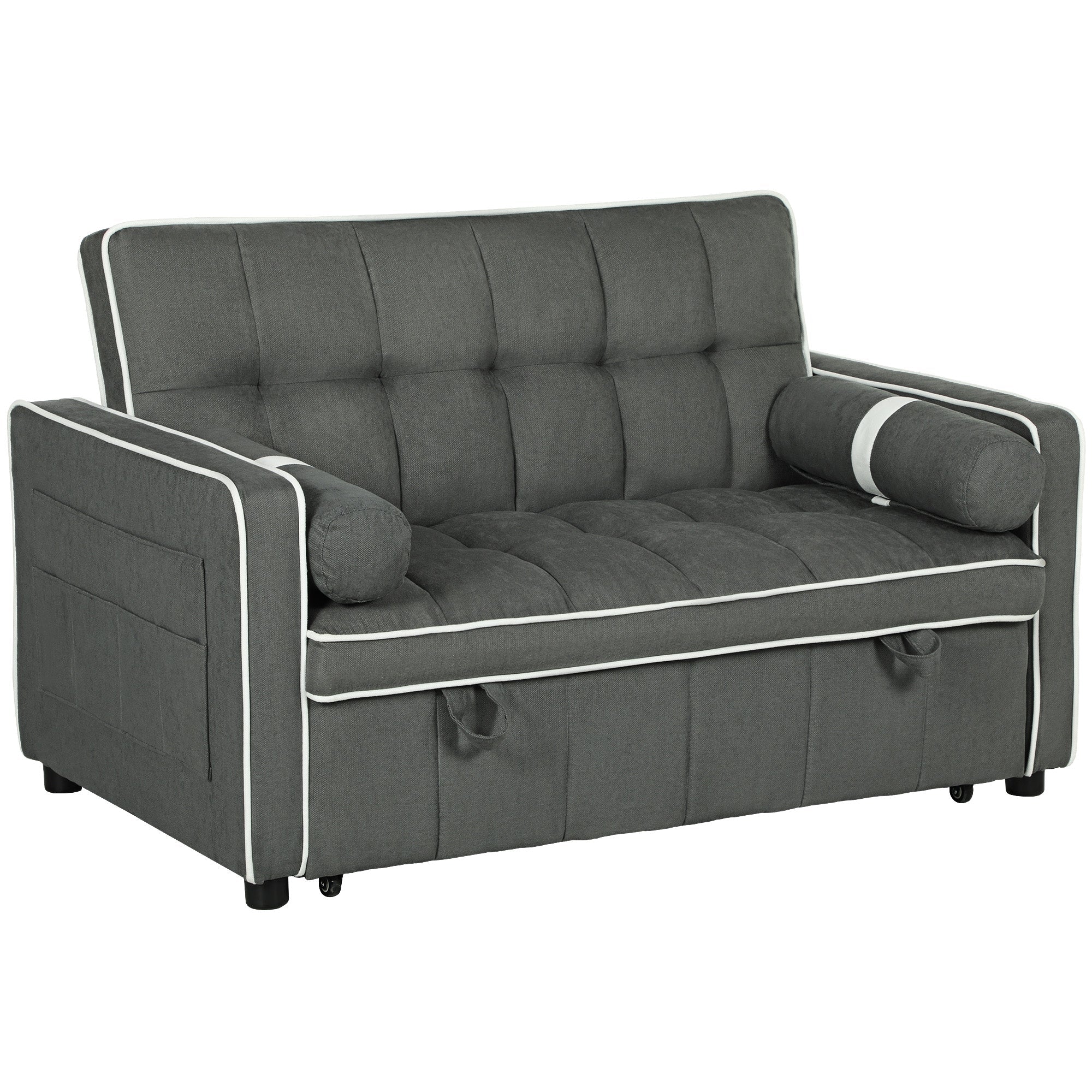 Modern 2 Seater Sofa Bed, Pull Out Sofa Bed with Adjustable Backrest and Pillows, Charcoal Grey