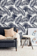 Navy Blue and White Tropical Oversized Palm Leaves Wallpaper